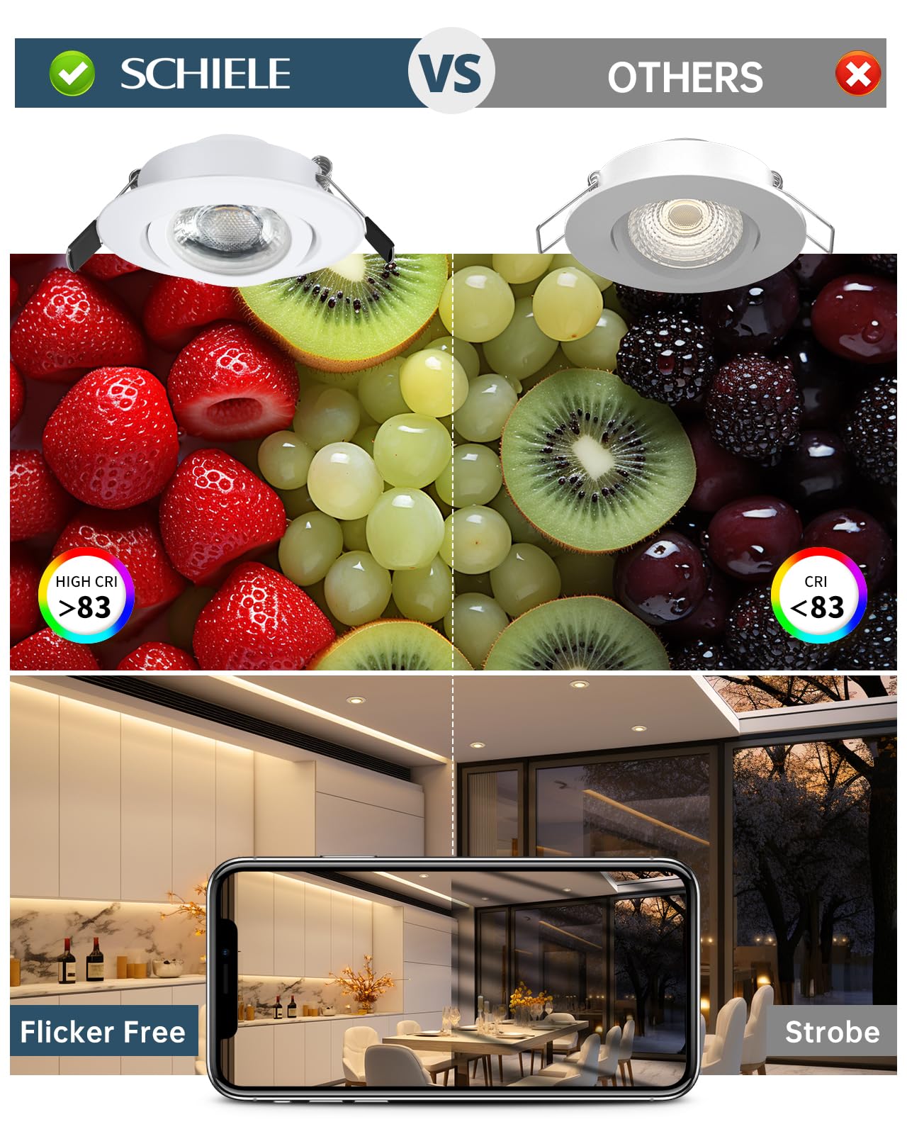 Schiele LED recessed spotlights, flat spots, 230V, dimmable, 68-78mm cutout, 7W warm white ceiling spots, white IP44 for bathroom living room, set of 12.