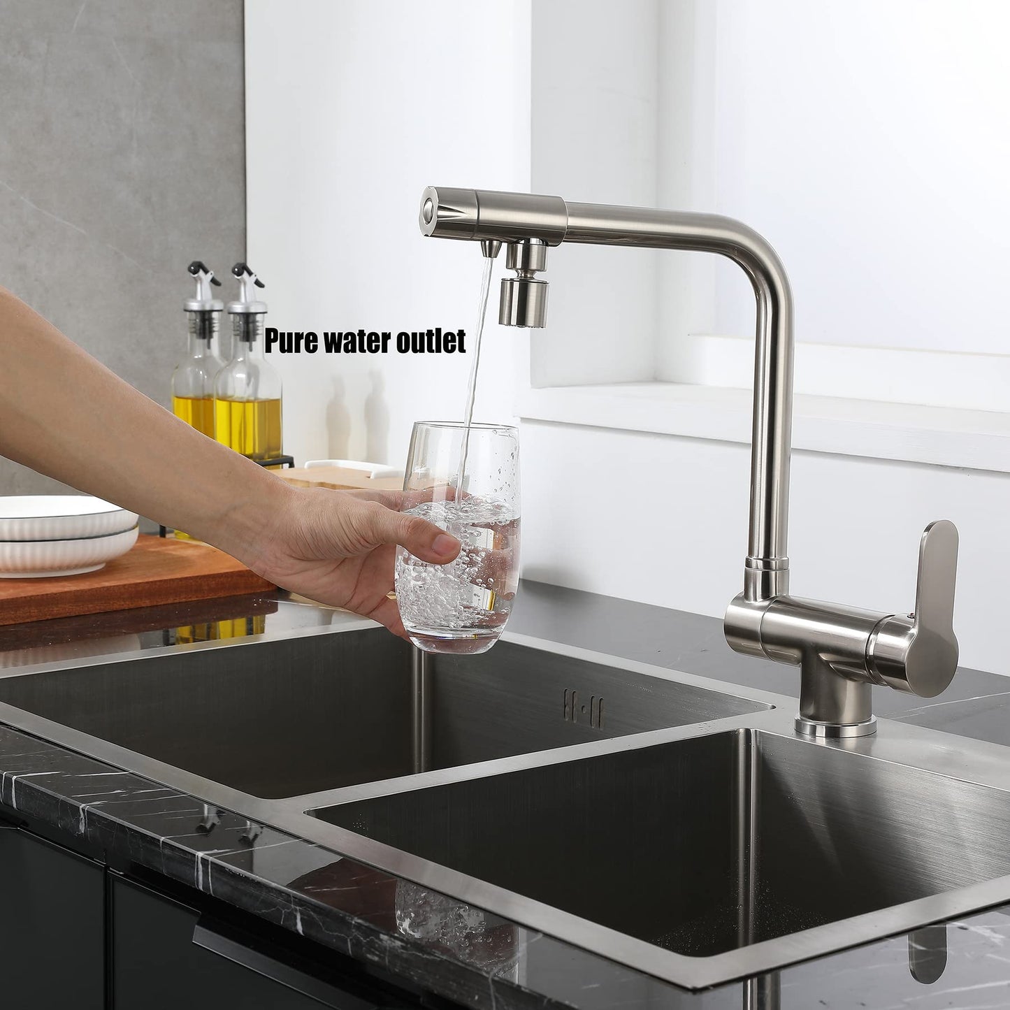 SJQKA-3 Way Kitchen Faucet, In-front-of-window Kitchen Tap, 360° Rotatable Kitchen Tap, 3 In 1 Mixing Faucet for Water Filter, Made of High Quality Brass (Brushed)
