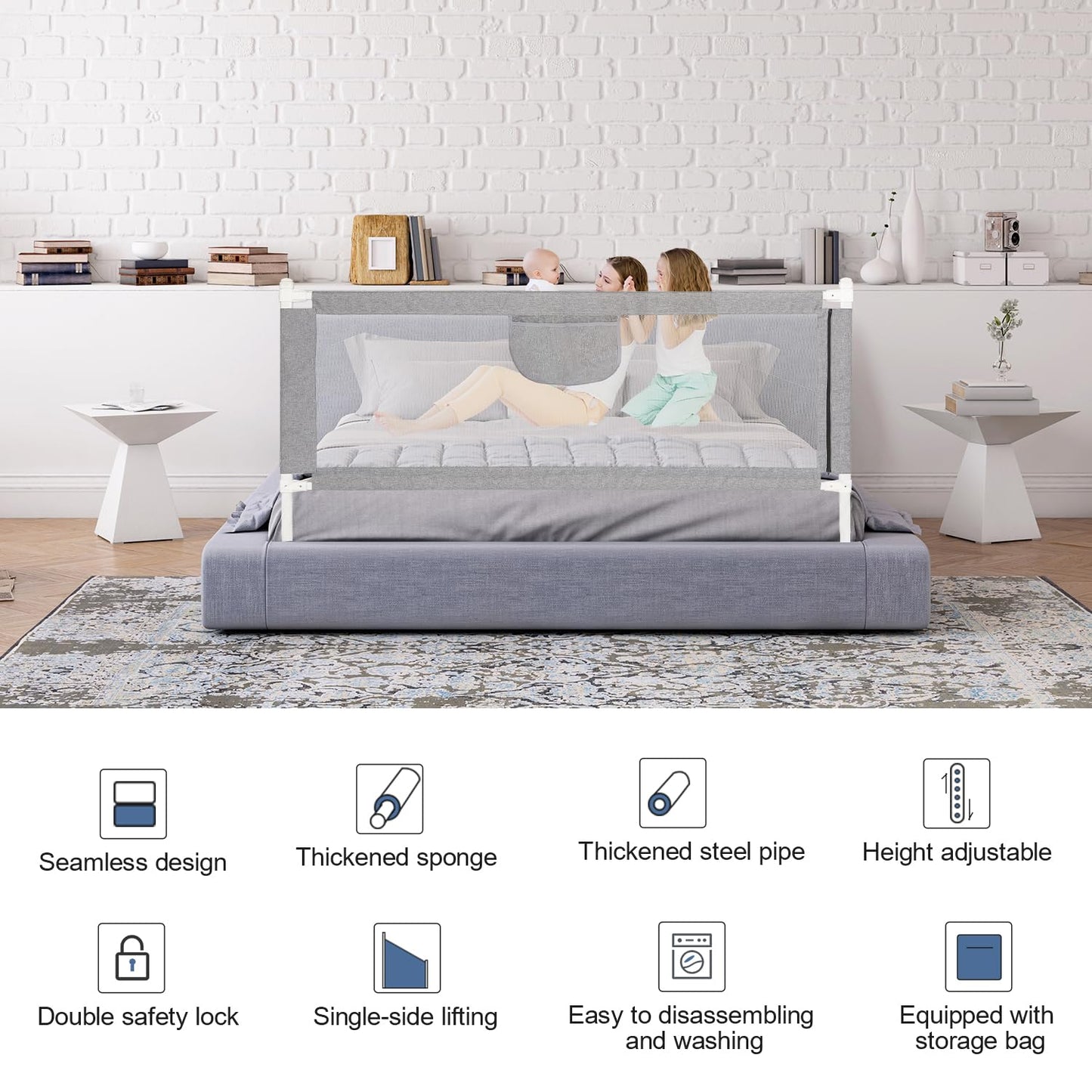 Owlke 200cm bed guard rail, bed rail for children, adjustable height from 80-96cm, guard rail for toddlers, baby bed rail, children's bed guard rail, fall protection for kids, gray.