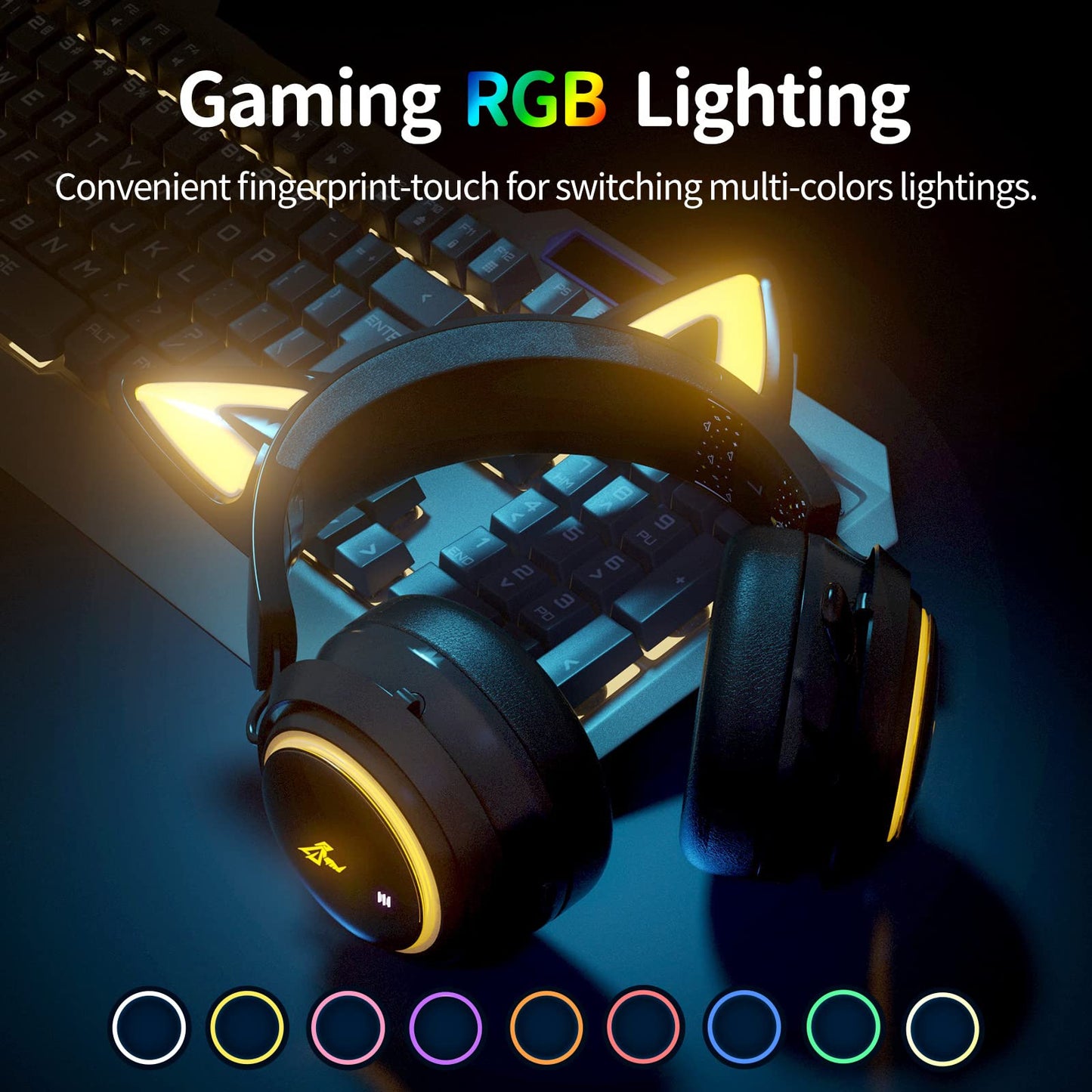 Somic Wireless Gaming Headset, Bluetooth headset for smartphone, retractable microphone, 7.1 surround sound, 50mm drivers, RGB lighting, cute cat ear headphones for girls, Black