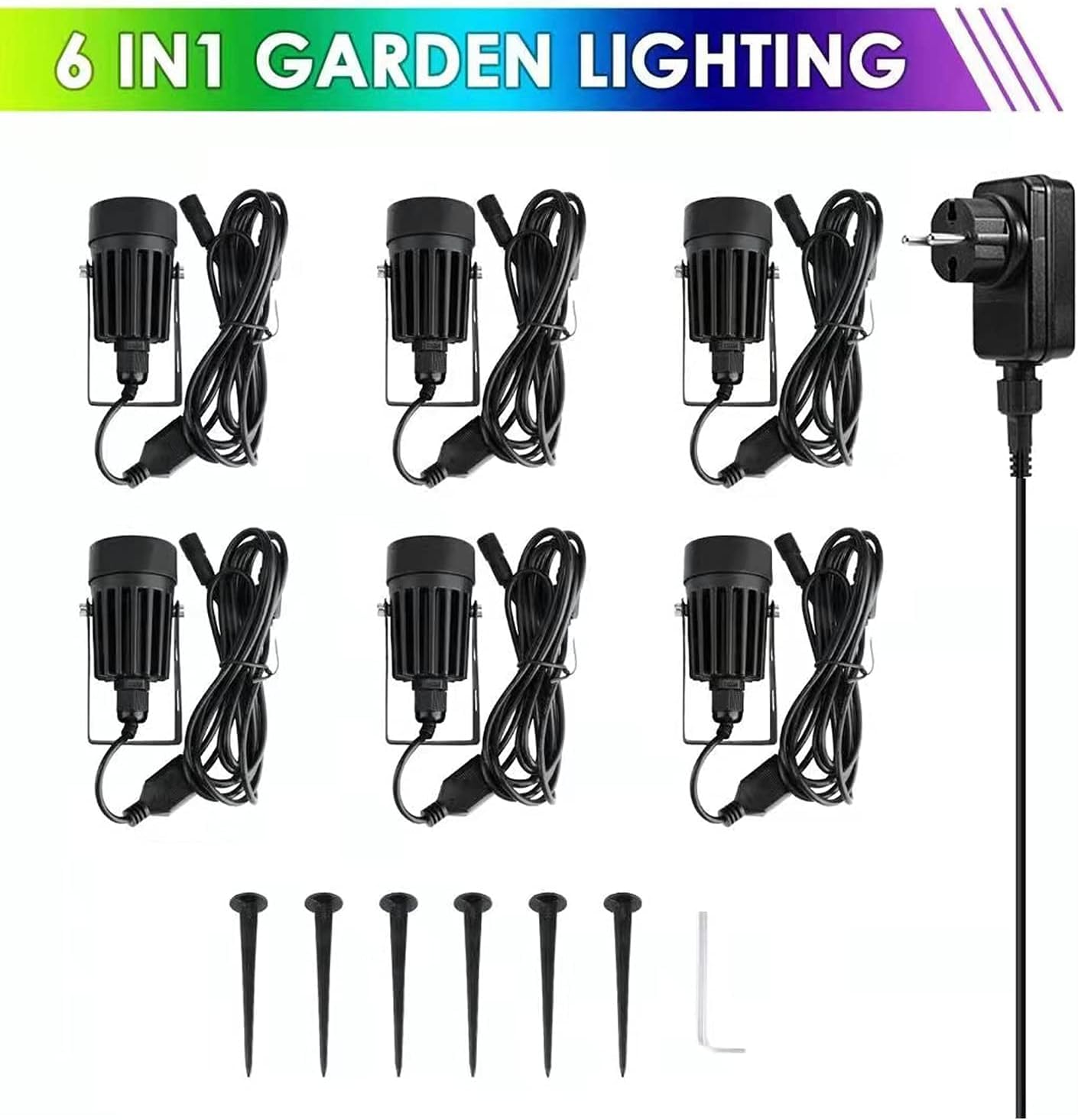 30M garden spotlight LED ground spike Waterproof 6-pack garden lighting with power IP65 Waterproof garden spots LED outdoor garden lamp 3000K Warm White COB garden light Ideal for outdoor garden lawn garden path
