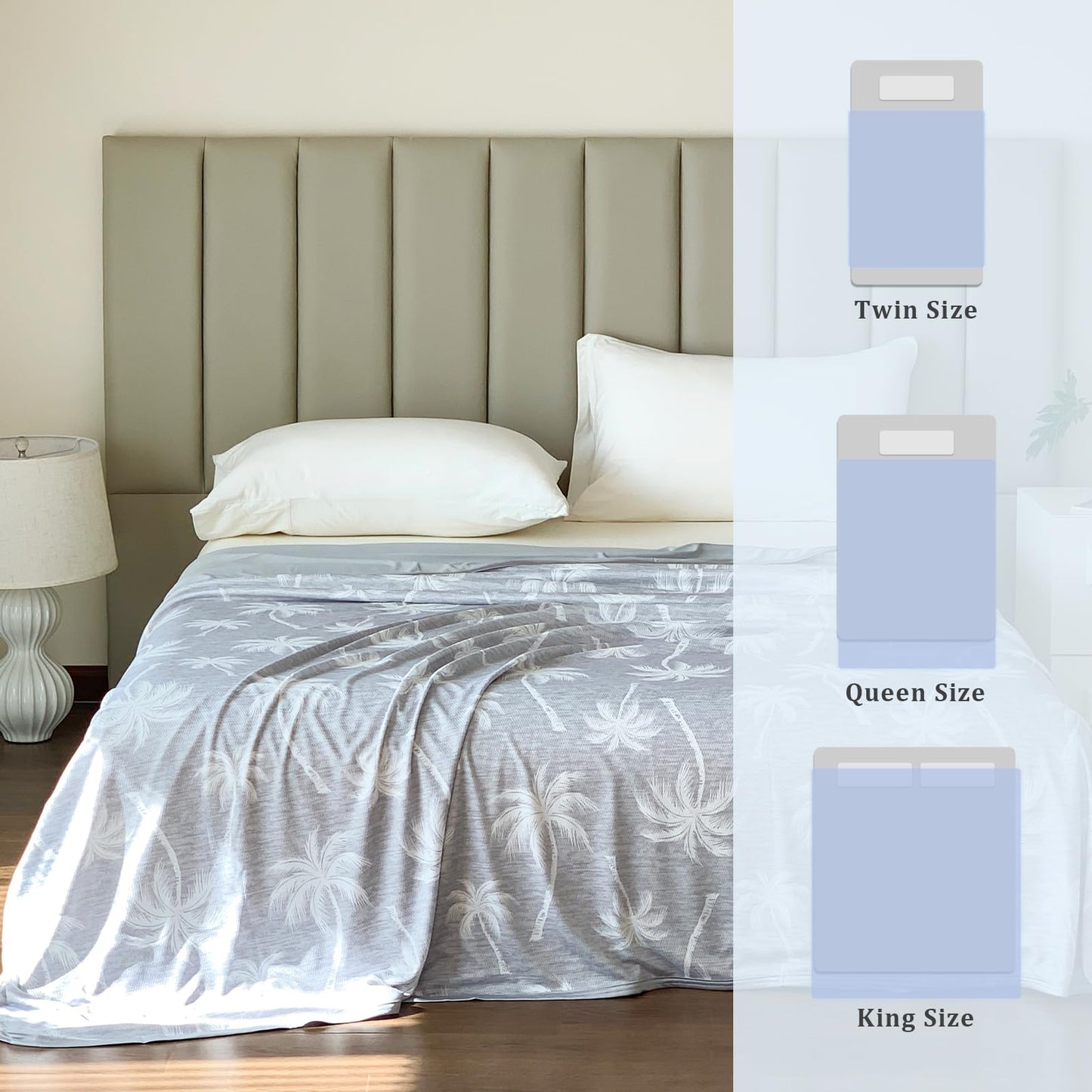 VK·LIVING Cooling Blanket for Bed & Heat-Stricken - Double-Sided Cooling Blanket with Q-Max 0.42 and Tropical Pattern, Lightweight Breathable Summer Blanket against Night Sweats for Sofa, Travel, 130x150cm Gray