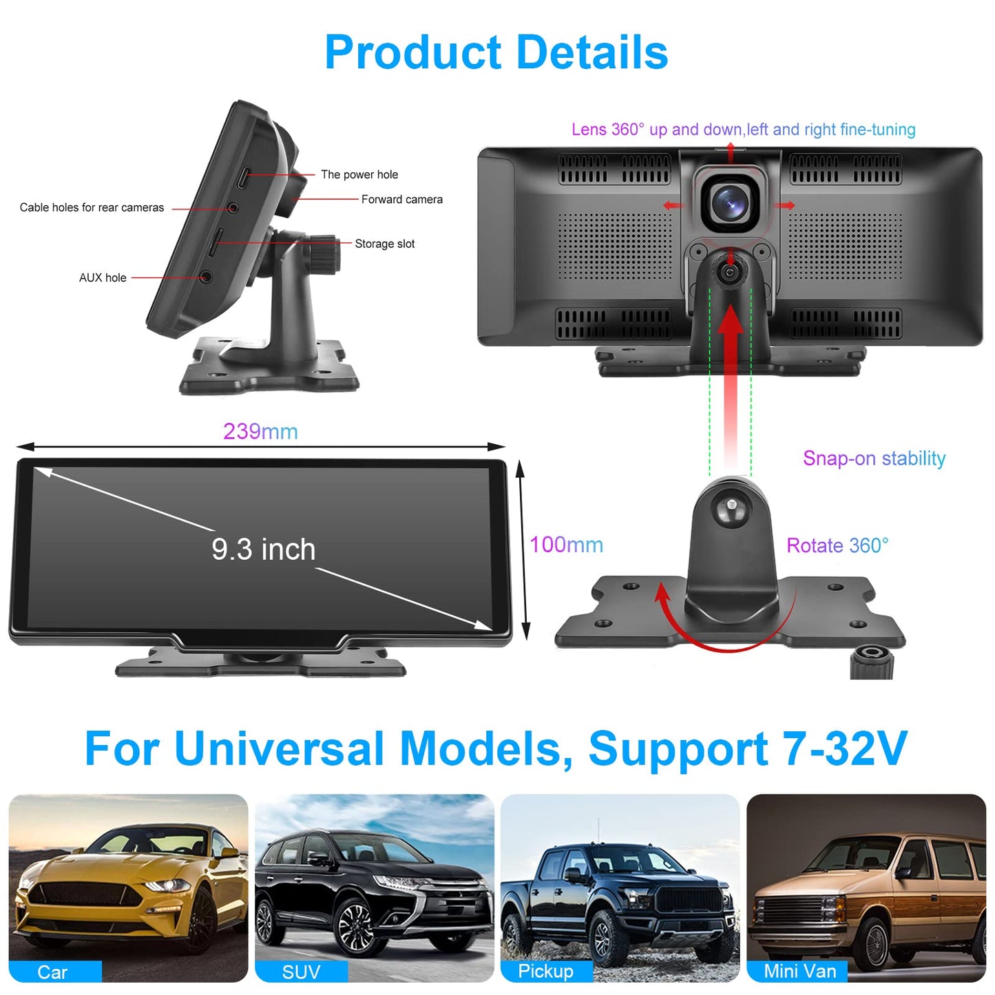 Podofo Wireless Apple Carplay Android Auto Portable Car Radio, 9.3-inch HD touchscreen car radio for cars/SUVs/vans/pickups and trucks, dash cam & rearview camera & 64G TF card.