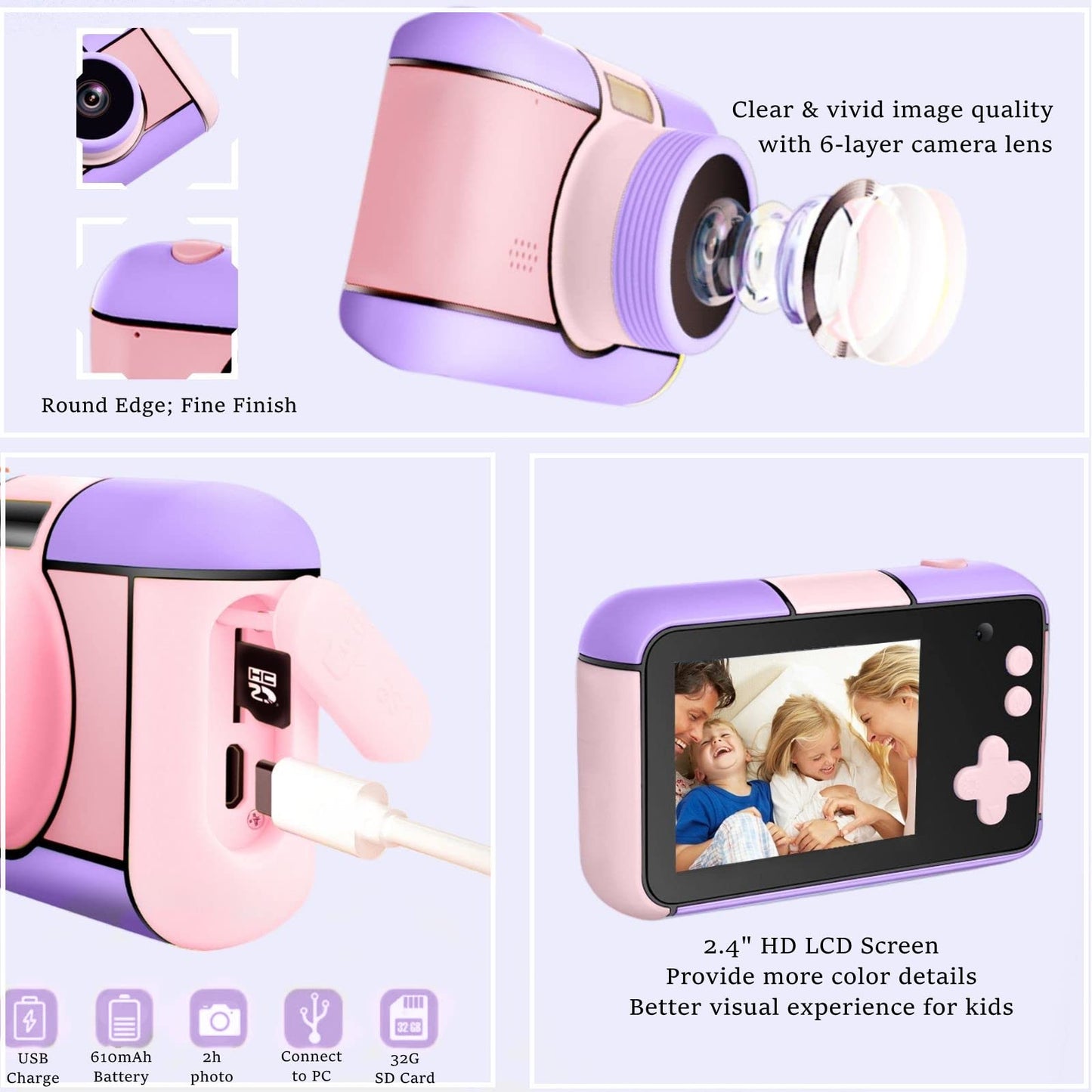 YunLone kids camera digital camera 2.4 inch digital camera for children selfie camera 1080P FHD video with 32GB card, 4X zoom, kids camera for boys girls 3 4 5 6 7 8 9 10 years