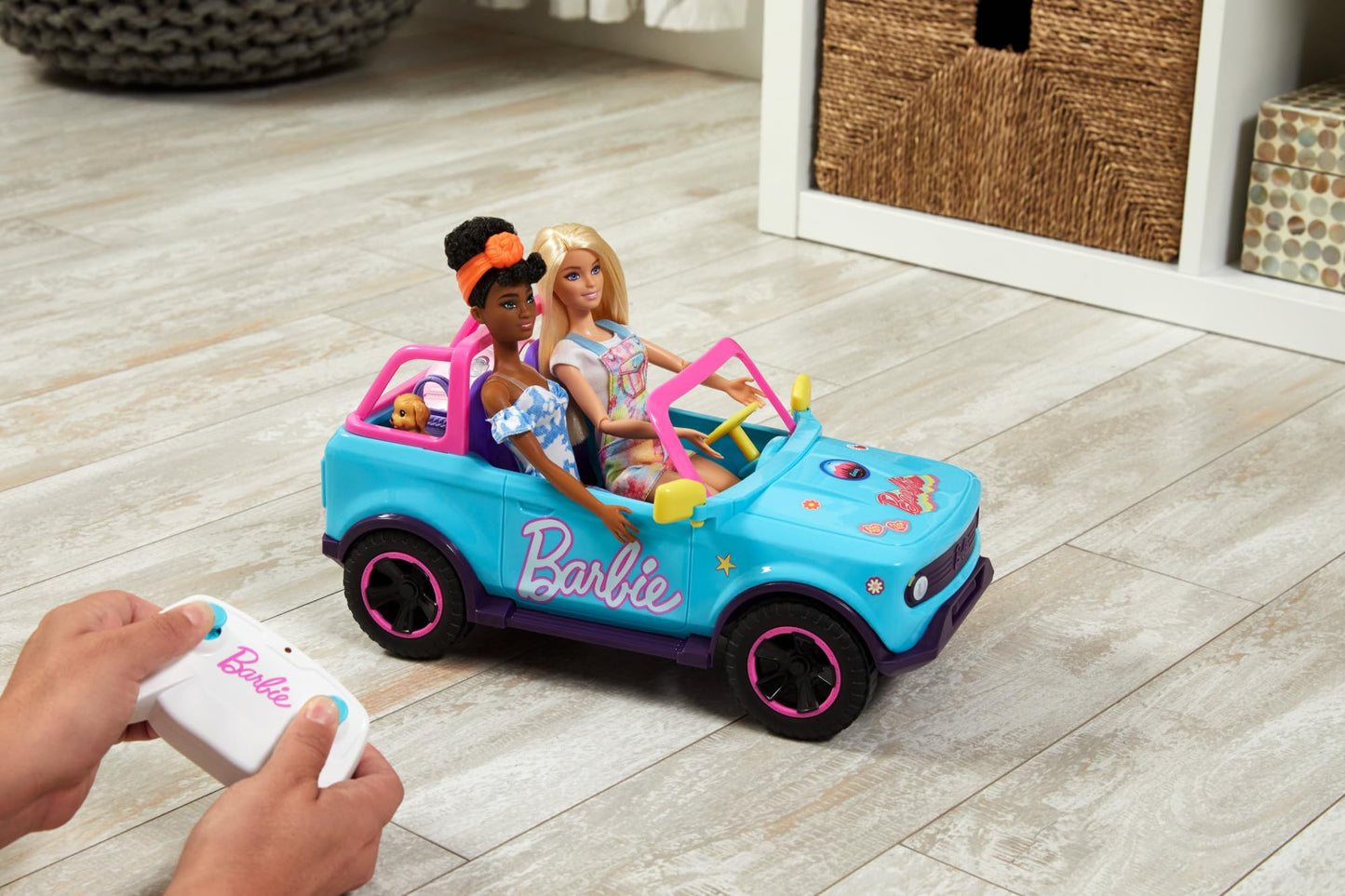 Hot Wheels Remote Control Car, Barbie Remote Controlled SUV with stickers, fits 2 Barbie dolls plus accessories, customize with adhesive stickers, HTP53