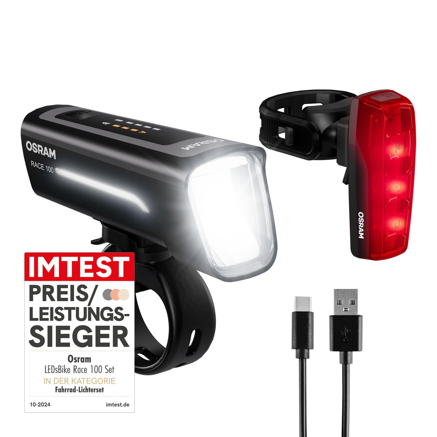 Osram LEDsBIKE® Race 100 Set - bike light set - including automatic brake light function.