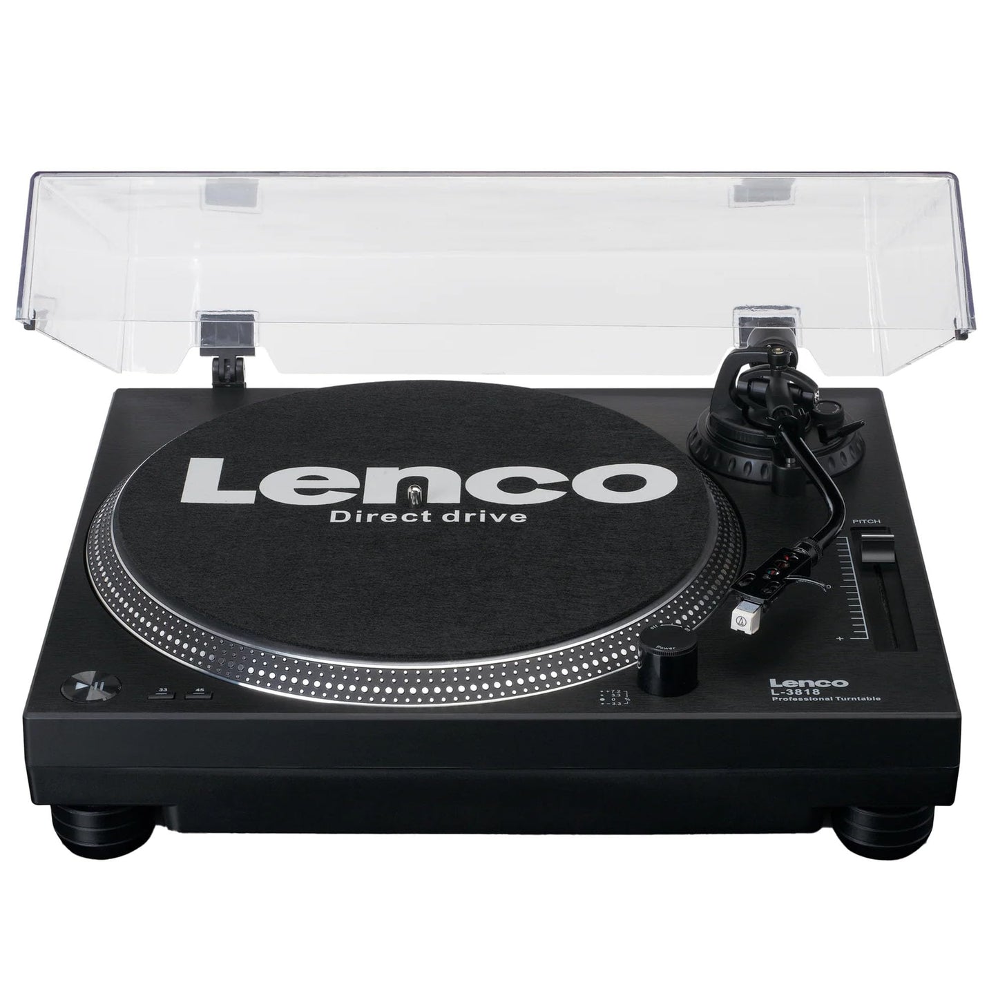 Lenco L-3818 direct drive turntable - DJ turntable - Pitch control - 33 and 45 RPM - Stereo preamp - USB - RCA line out - Digitization via PC - Black, L-3818BK