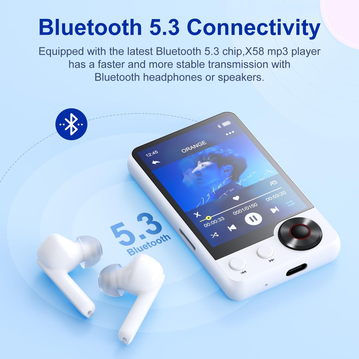 128GB MP3 player with Bluetooth 5.3, 2.4" touchscreen, HiFi digital audio music player with dual headphone jacks, built-in HD speaker, voice recorder, FM radio, supports up to 128GB.