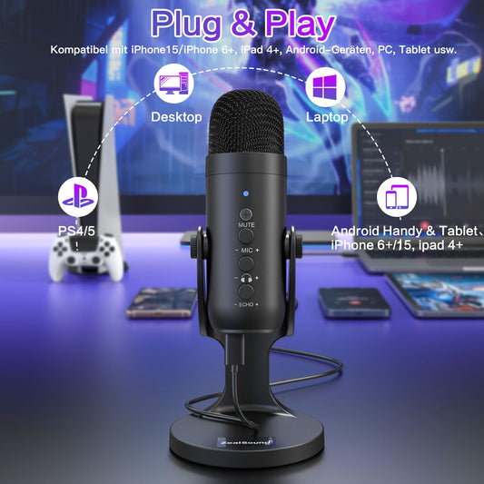 ZealSound USB Microphone, Plug & Play Condenser Mic for PC/iPhone/phone with Noise Cancellation & Mute - for Podcasts, Streamers, Gamers, YouTube, ASMR on Mac Windows PS5 - incl. USB-C & Lightning Adapter