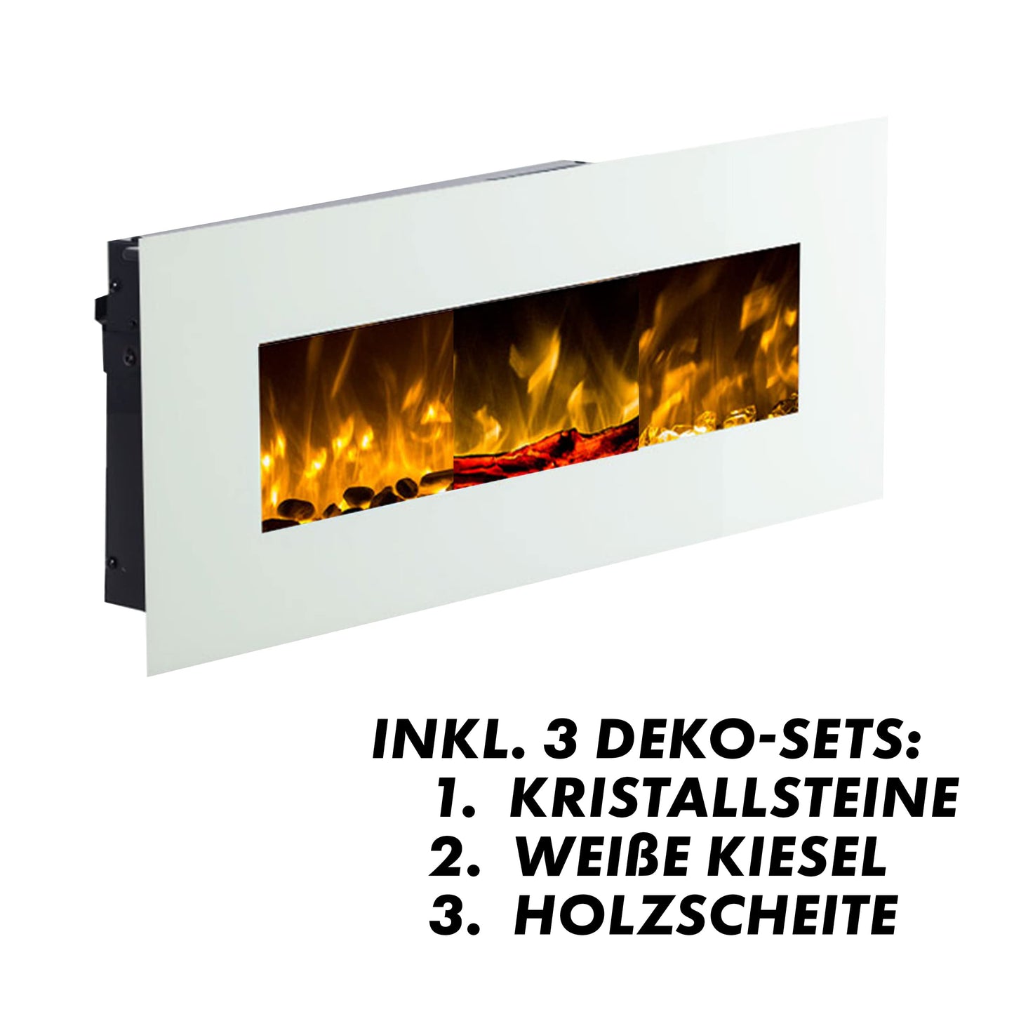 GLOW FIRE Electric Fireplace with Heating and Fire Effect (Wall Fireplace Pluto) - electric fireplace with LED light, heater, decoration & remote control - for wall mounting, max. 1500 W - white, 110x49 cm.