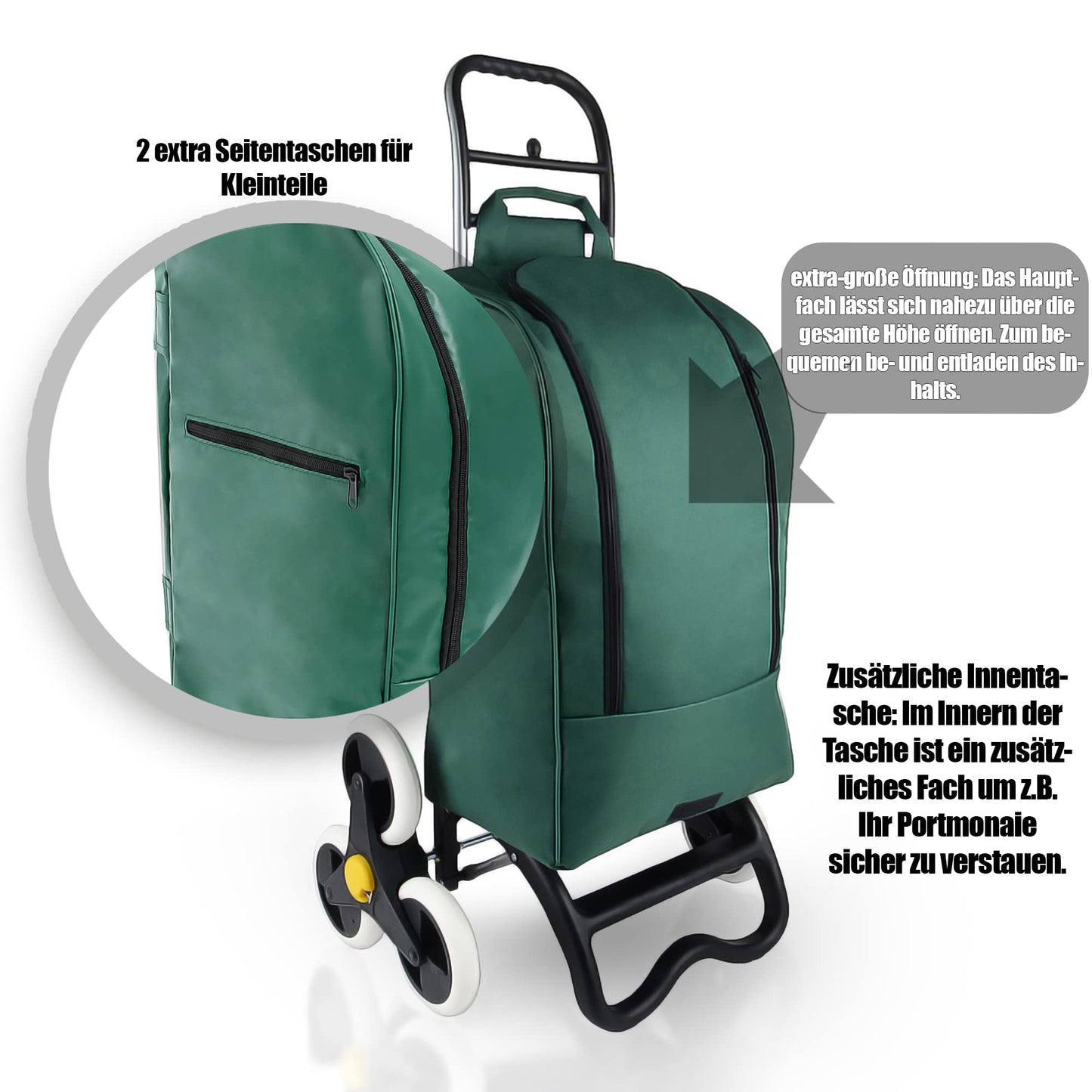 BigDean shopping trolley with stair climber function, cooler compartment & 6 large wheels - 40L foldable green - shopping cart shopping roller cooler bag shopping bag stair climber