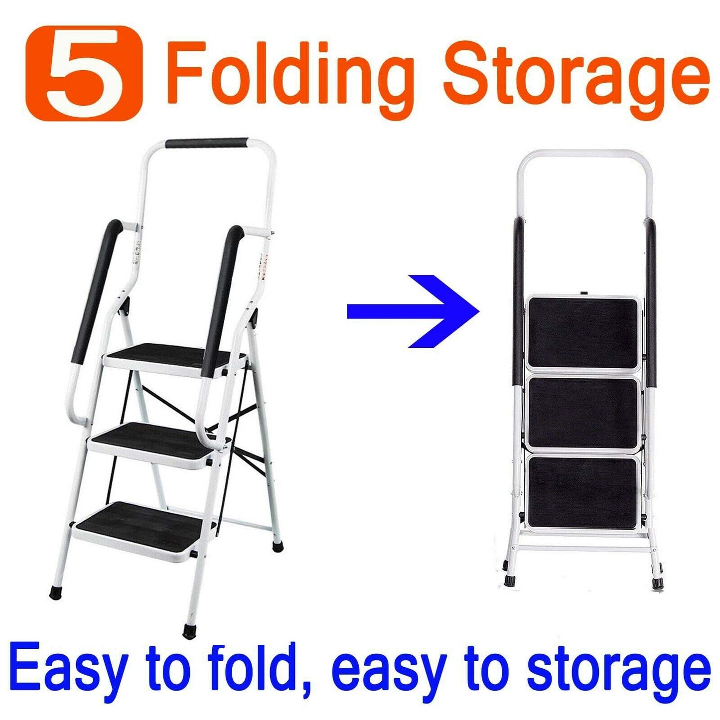 3-step folding step ladder with handrail. Compact, sturdy design features high-quality steel steps with non-slip treads for use at home, in the office, or in the kitchen.