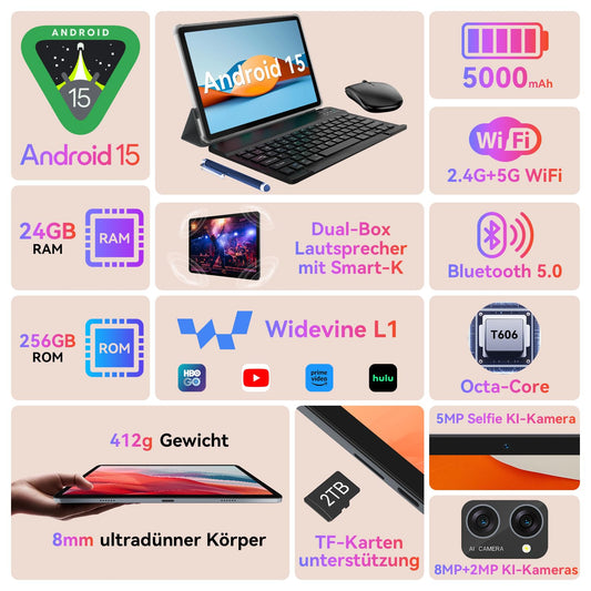 TABWEE Android 15 tablet with keyboard - 24GB RAM+256GB ROM (2TB TF), Octa-Core, gaming tablet 10 inches, 5000mAh, 8MP+5MP, Gemini AI, Widevine L1, 5G WiFi, GPS, Face ID (2-year warranty)