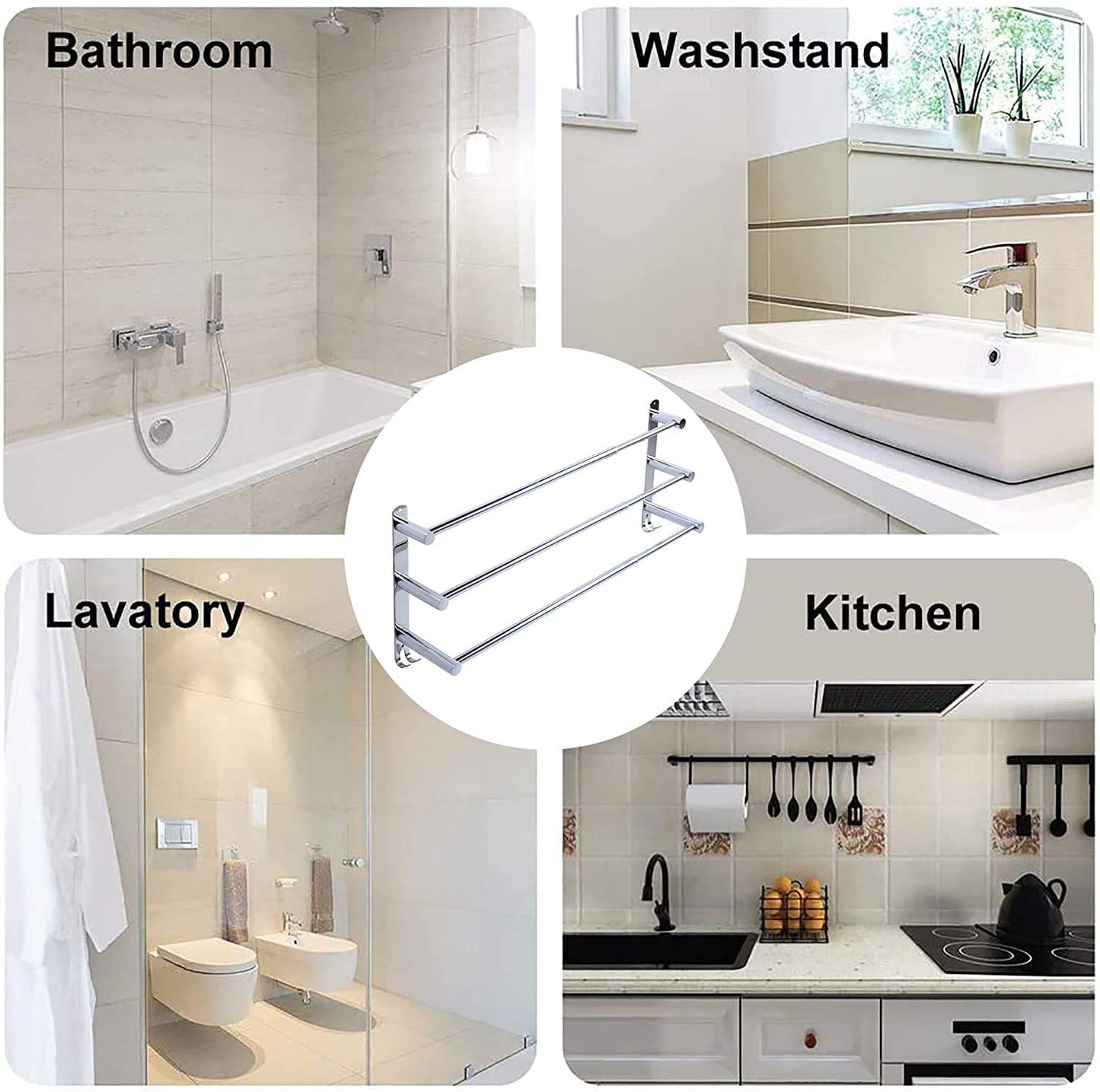 Towel rack Extendable 43-78CM without drilling Stainless steel double towel bar Bathroom Wall adhere bath towel holder wall mount (Silver 3-Bar)