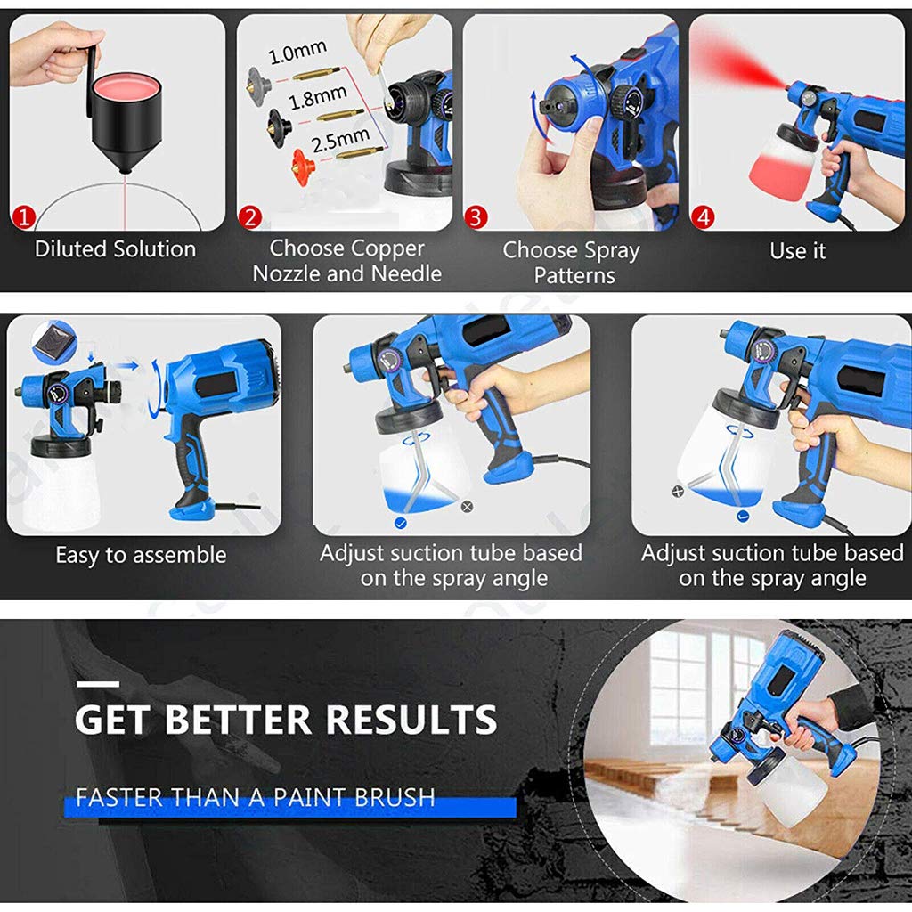550W Paint Sprayer Electric Spray Gun with 3 spray patterns, 800ml capacity, 100-450ml/Min, adjustable airflow, and color control.