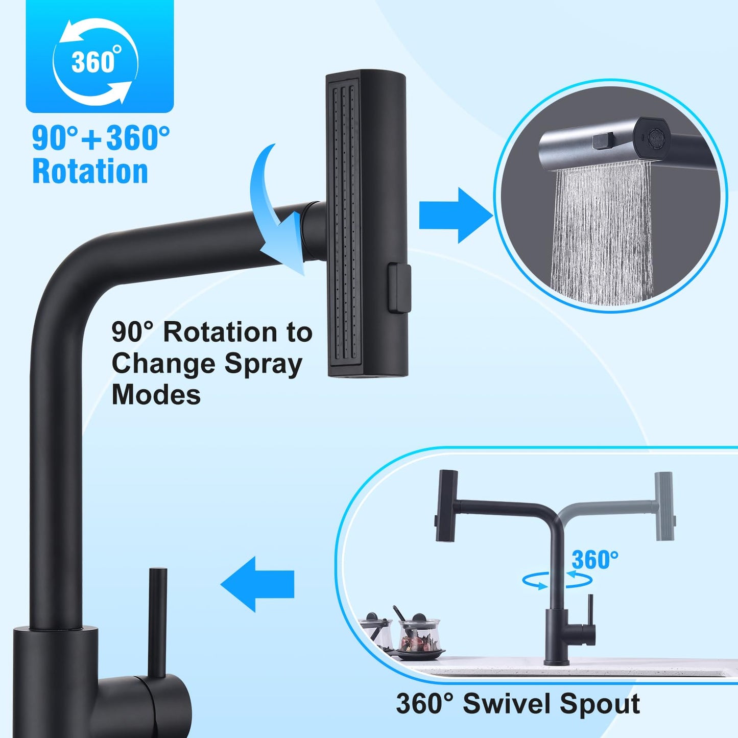 HOMELODY Black Kitchen Faucet, Pull Down Kitchen Faucet with 3 Spray Modes, Sink Faucet with Sprayer, Kitchen Faucet 360° Rotatable, Stainless Steel Mixer Tap.