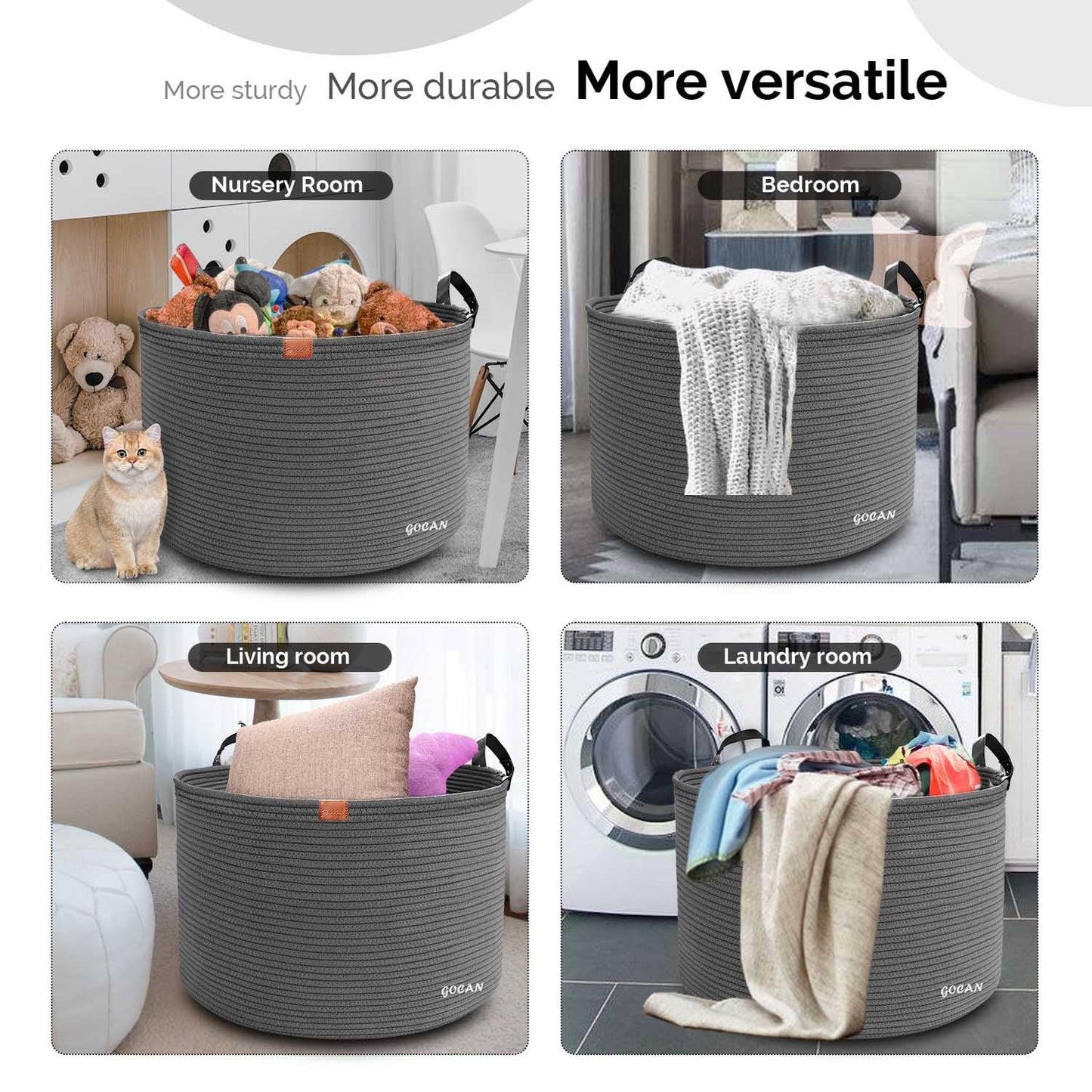 GOCAN XXXL Storage Basket Large Cotton Rope Laundry Hamper for Blankets Pillows in Living Room Clothes Toys in Kids Room, matte gray D55 X H35cm