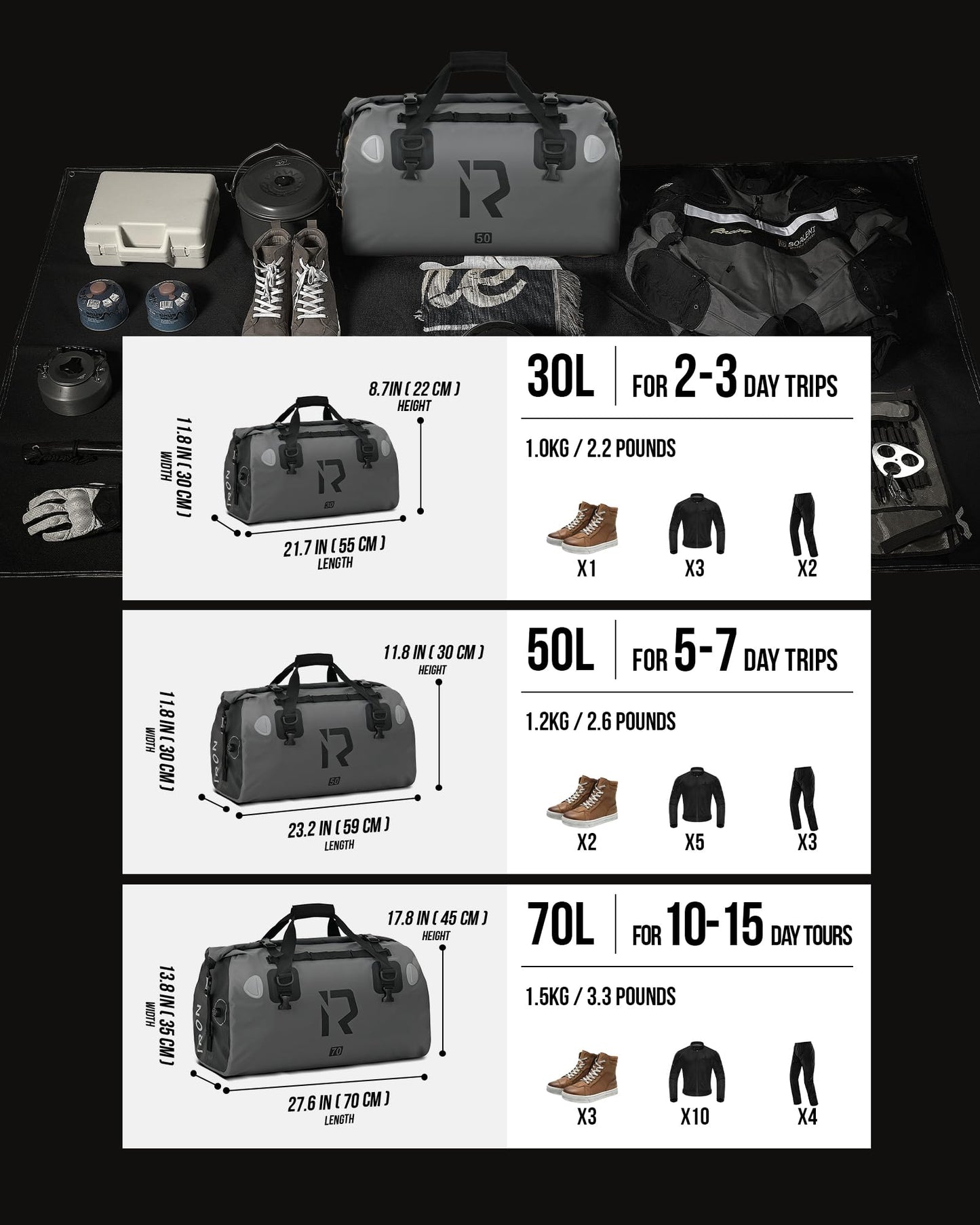 IRON JIA'S motorcycle bag luggage roll waterproof tail bag saddle bag travel bag with roll-sealed shoulder straps suitable for cycling camping water sports gray-30L