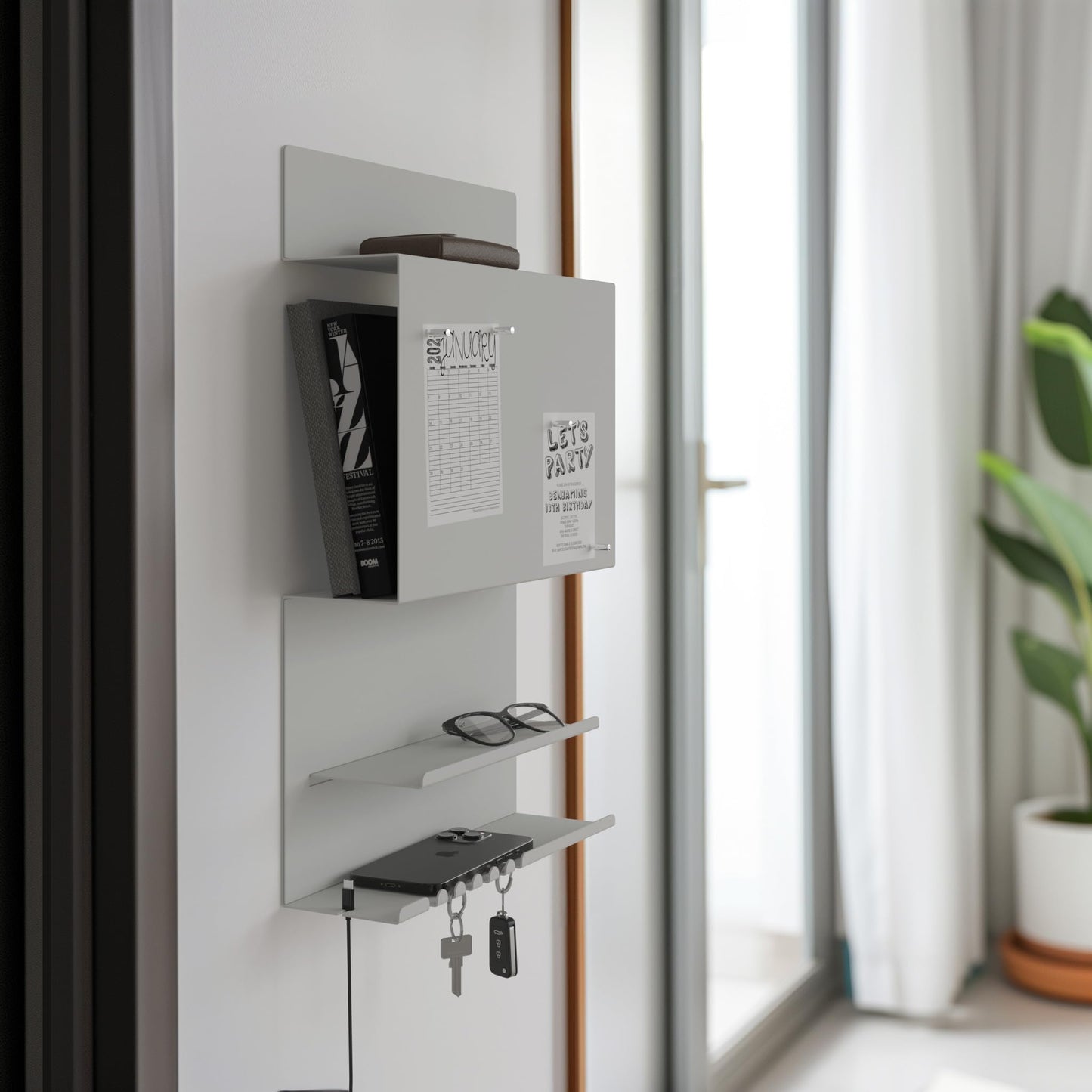 Offer wall organizer Hepe made of steel structure. 30 x 9 x 49 cm 3-in-1 wall shelf with magnetic board and magnets. Board for keys, newspapers, and notes. Gray color.