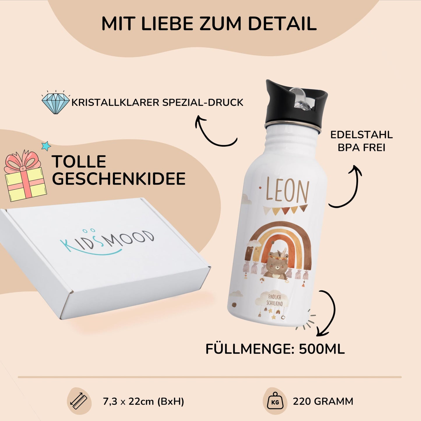 Kidsmood - Personalized stainless steel water bottle for children, 500ml with built-in straw, Leak-proof, Dishwasher-safe, and Perfect for school & kindergarten.