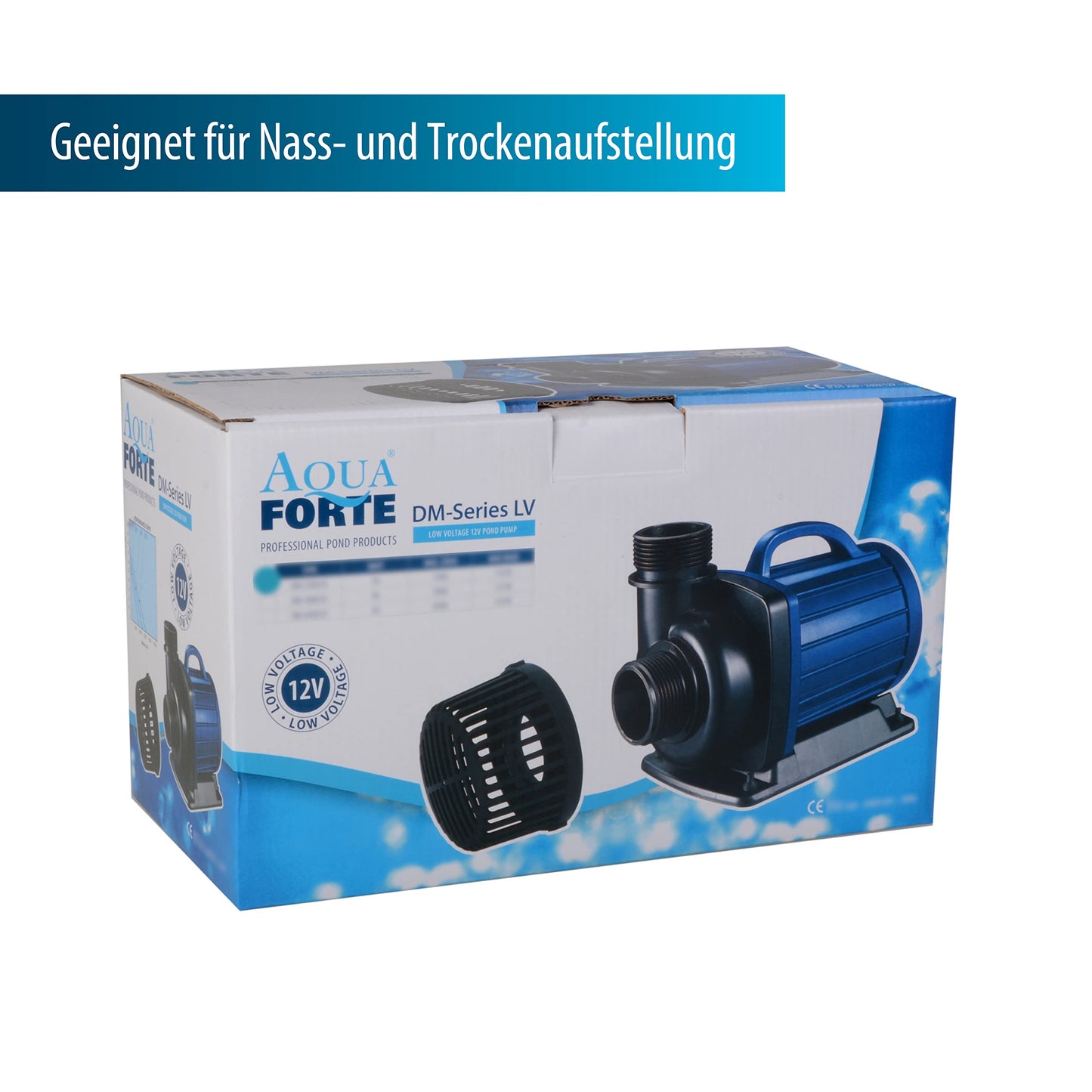 AquaForte DM 12,000 Low Voltage 12 Volt 90 Watt Pond Pump, flow rate 12,000 liters per hour, maximum head height 5.5 meters, automatic dry run protection, cable length 10 meters.