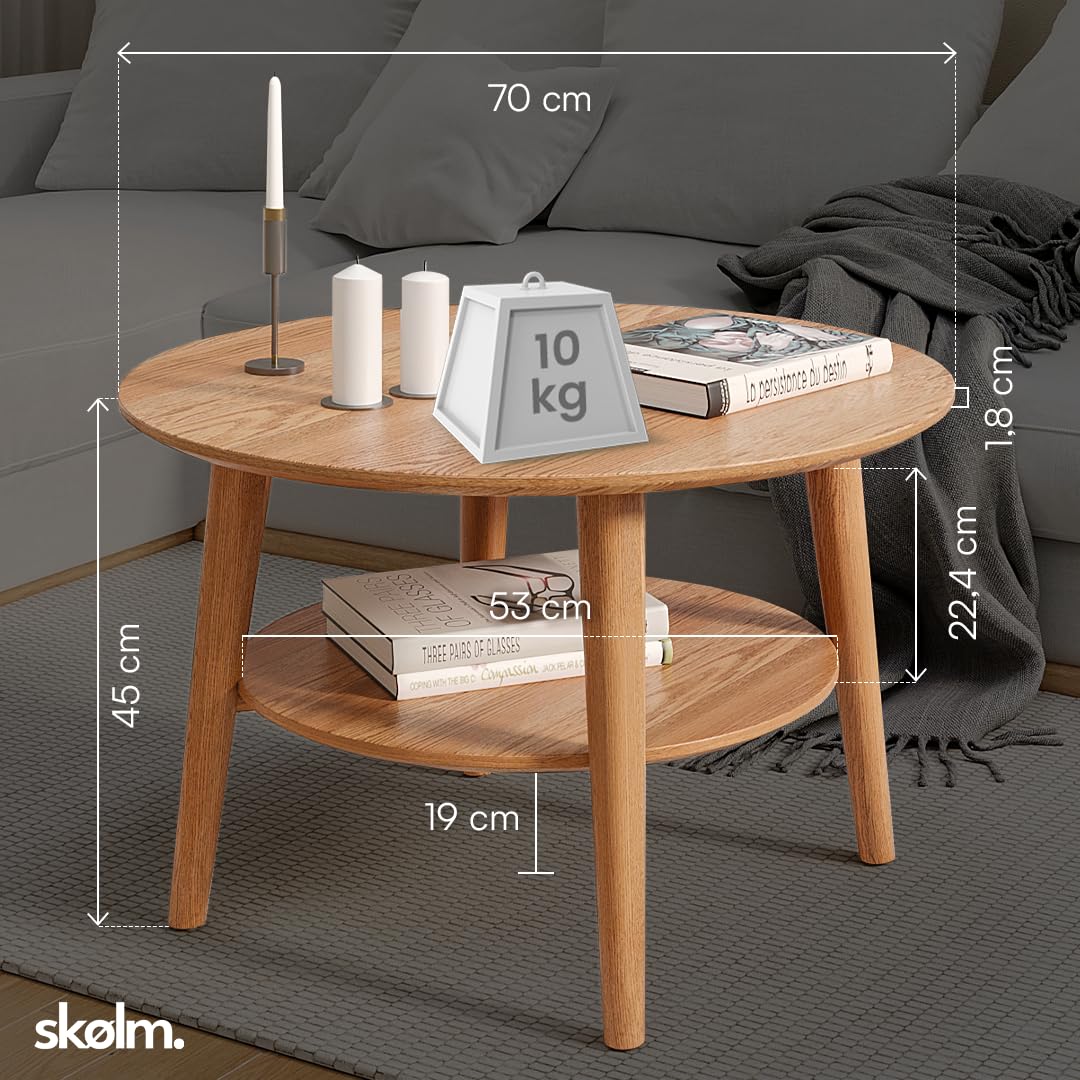 Skølm Mjölnir coffee table round - living room table wood - high-quality side table for living room - coffee table made of solid oak wood, dark oiled natural - sofa table with shelf - coffee table Ø70 cm.