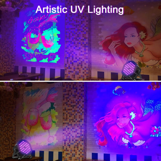 4 Blacklight UV Par Lights 36 LED DMX512 with remote control black light lamp with color changing via sound/auto disco light for DJ party bar Halloween wedding artistic photos.