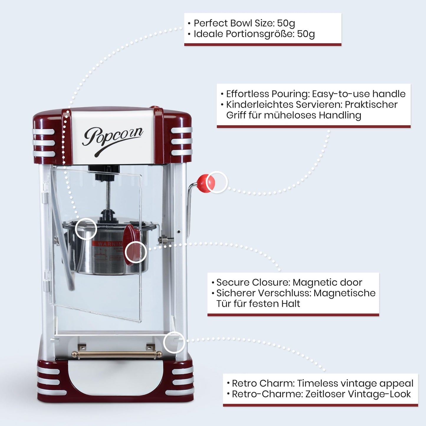 Jago® Popcorn Machine Retro - 60L/h, 200g/10min, Stainless Steel Pot, for salty popcorn - 50s style, Pro Popcorn Maker, Preparer, Machine