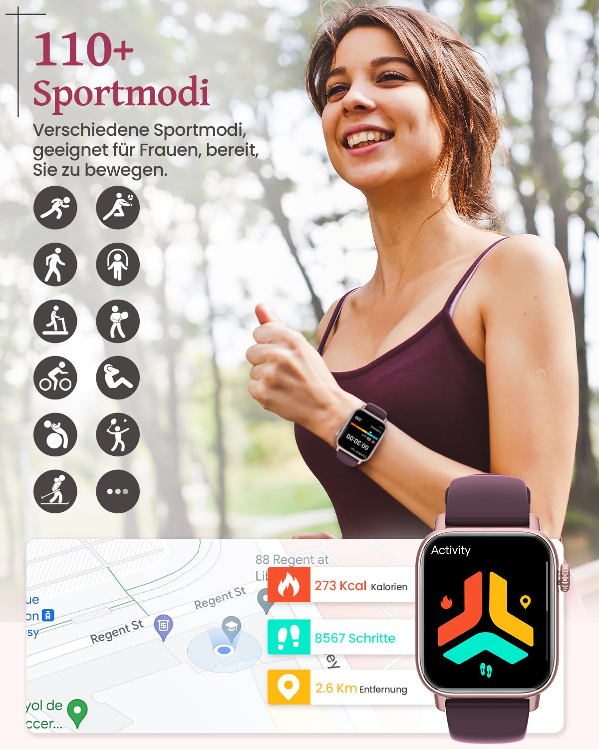 SWGOTA smartwatch for women with phone function, 1.83" fitness tracker heart rate monitor sleep monitor step counter SpO2 menstrual cycle, 113 sports modes IP68 waterproof sports watch for women iOS Android Pink
