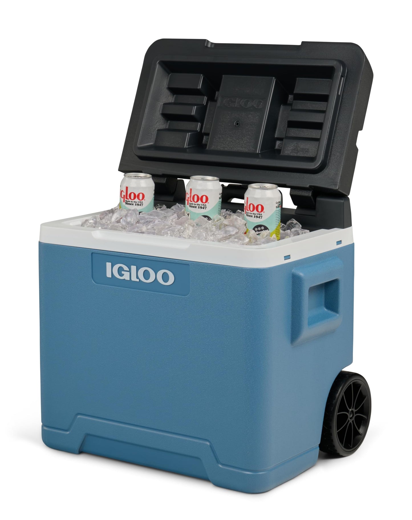 IGLOO IP42 Roller Passive Cooler 42 L, ice blue thermobox with wheels and telescopic handle, cooler for leisure, work, and camping.