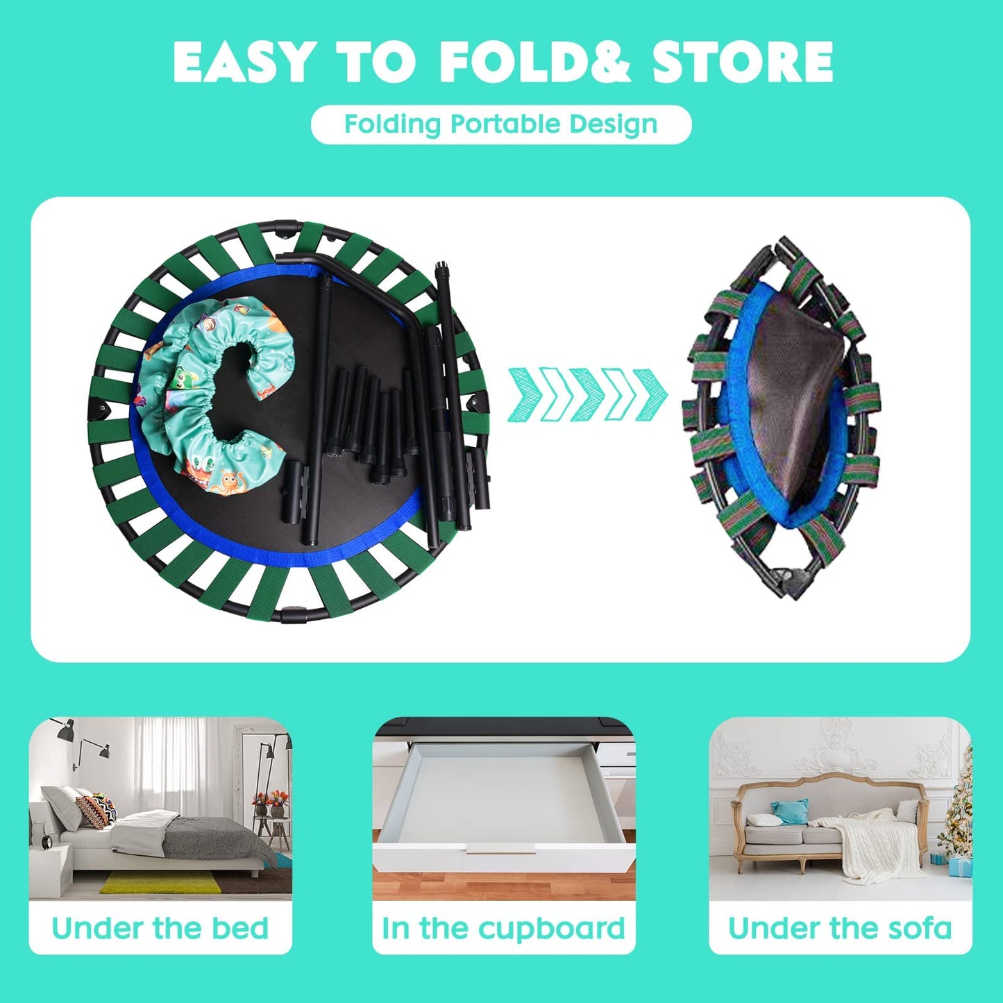 Trampoline for Kids Indoor Outdoor 91cm Small Mini Kids Trampoline Foldable without net Home Square Ground Trampoline for Indoors from 2 3 4 years Kids Green