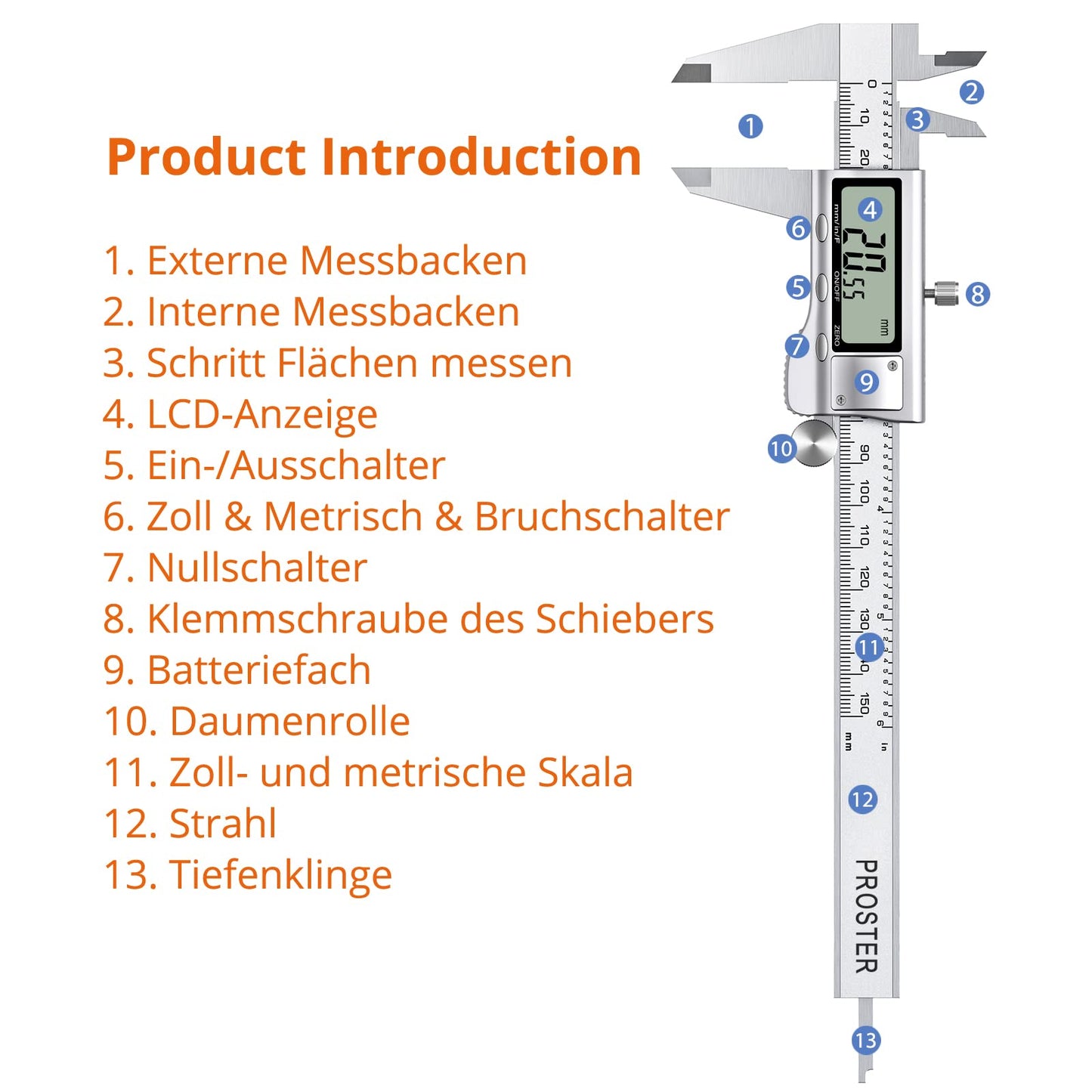 Proster Digital Caliper 6 Inch / 150mm + 32 Feeler Gauge Digital Vernier Caliper Electronic Measuring Tool Inch/Fractions/Metric Caliper for Length Width Depth Inner/Outer Diameter