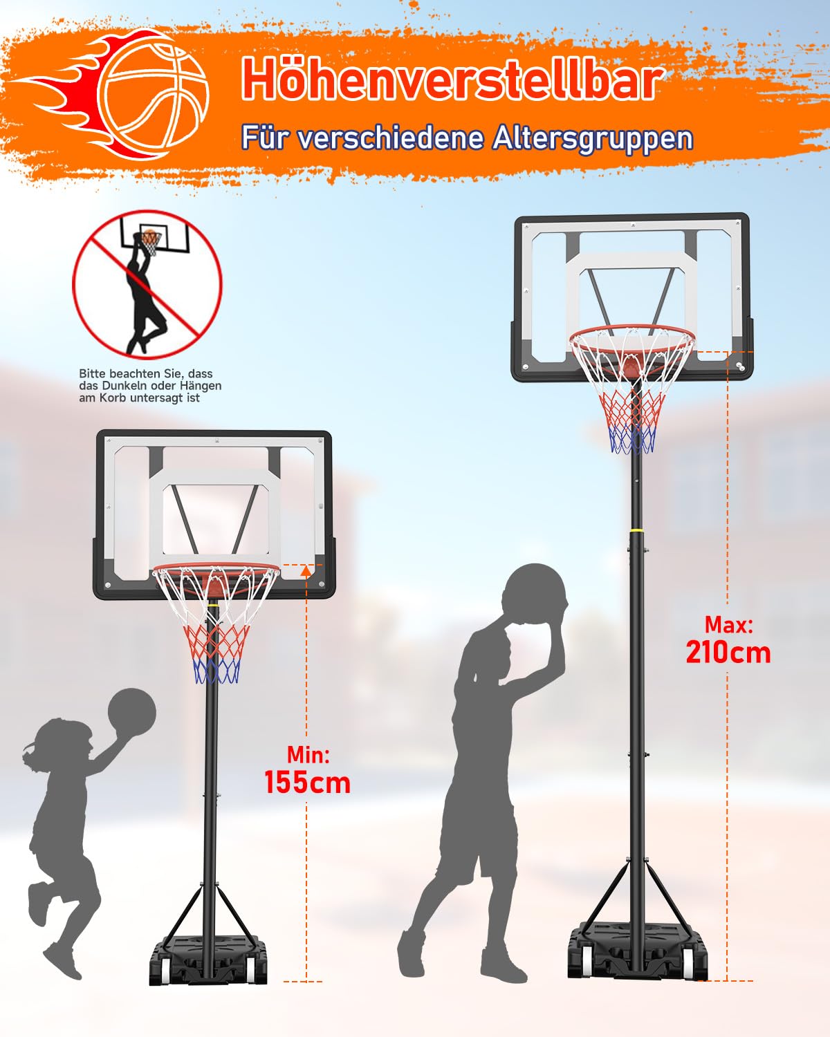 Outdoor basketball hoop for kids with adjustable height of 150-210 cm. Features a 80x60 cm shatterproof backboard, enlarged base, and wheels for easy moving. Ideal for children and teens.