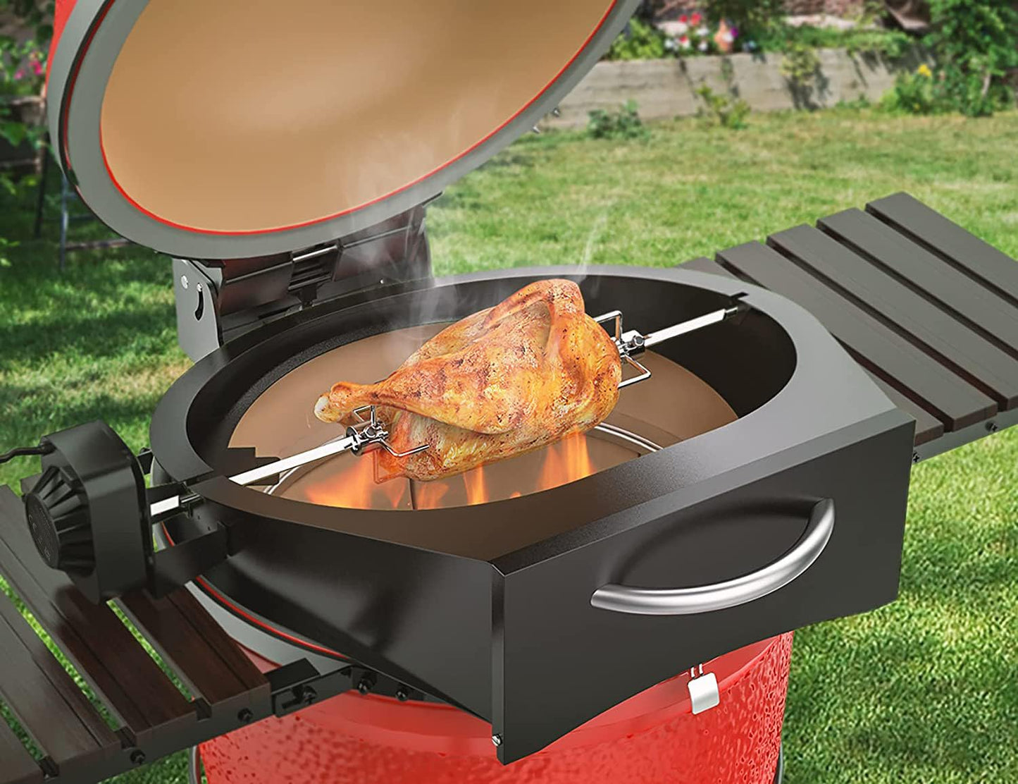 Onlyfire 6065 PizzaRing Kit with Rotisserie, Pizza Insert, and Rotisserie Grill Spit for Kamado Joe Classic/Pit Boss 22 Ceramic Grills, including Rotisserie Motor, Spit Rod, and Pizza Stone.