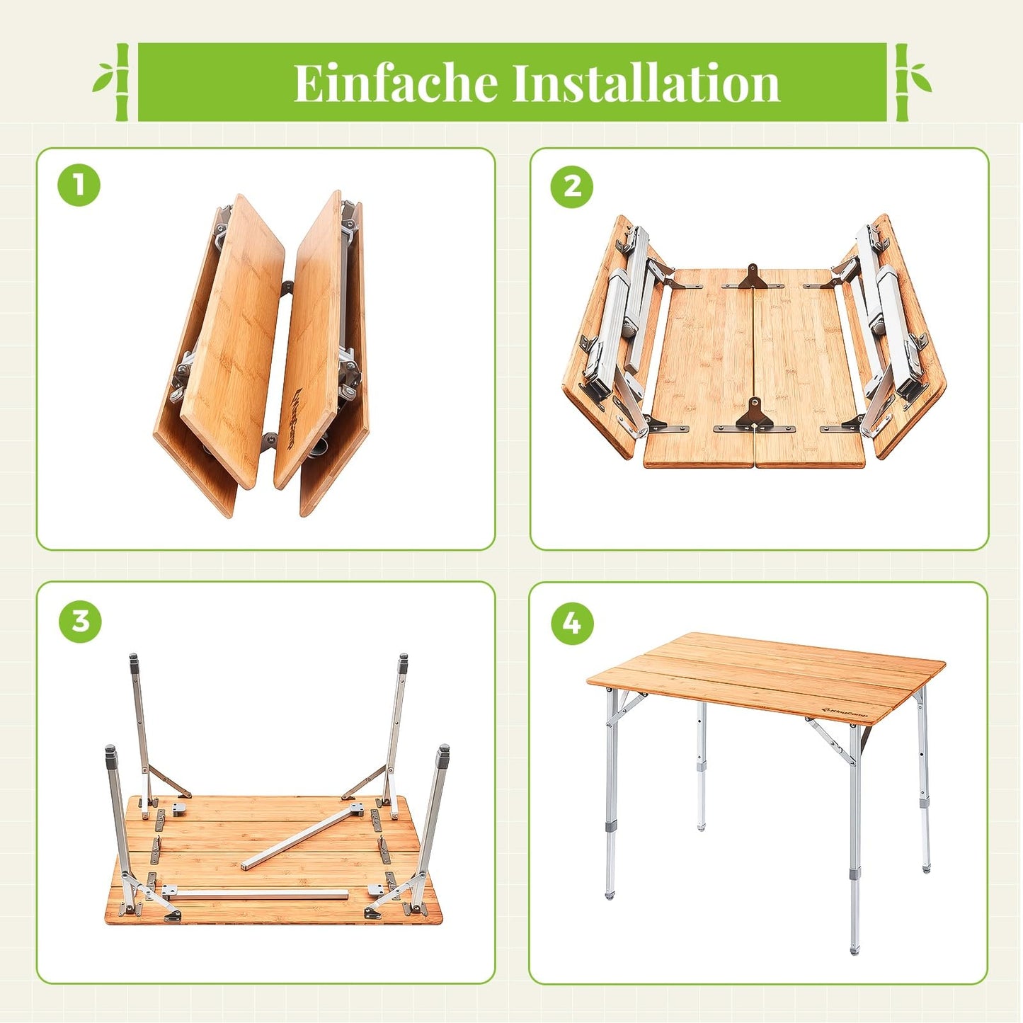 KingCamp camping table bamboo folding table adjustable height for 4-6 people foldable camping table, 4 folds with carrying bag, supports up to 80 kg, 100 x 65 cm, L