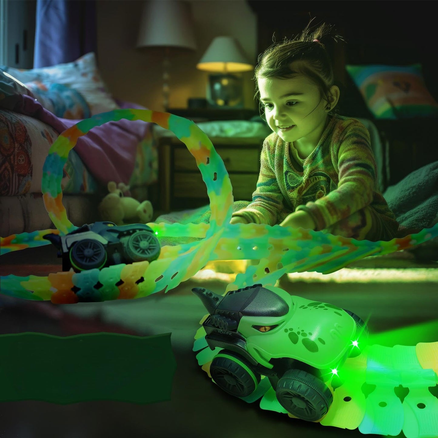 CREAMKIDS Dinosaur Race Track, Glow-in-the-dark track with suction cup, 2 dinosaur race cars with lights, Christmas and birthday gift for kids aged 3+ (291 pieces)