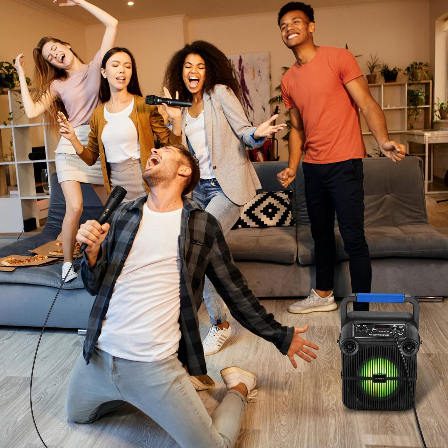 JAMELO Karaoke machine with 2 microphones, Bluetooth speaker with light effects, PA system supports TF card/USB/AUX IN, karaoke machine system for party/meeting/wedding/home KTV gift.