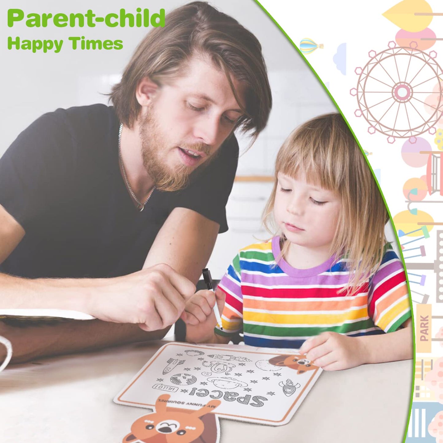 Lenbest Children's Travel Table - Ferris Wheel Background Knee Table Travel Table and Foldable Adjustable Dining Table Play Table - with bonus of 1 Reusable Drawing Surface and 1 Erasable Pen