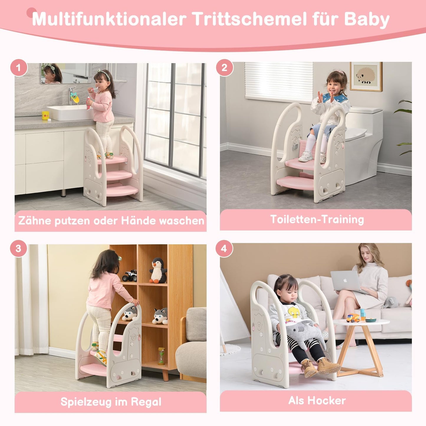 Onasti Kids Step Stool, Three-Step Height Adjustable Toddler Stool for Babies, Comfortable Handrail, Multi-Functional, Anti-Slip, Suitable for 1.5 to 6 Years - (Pink)