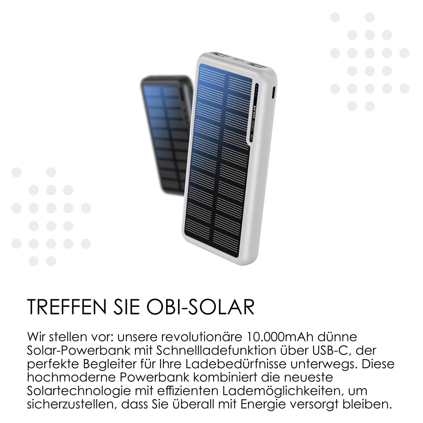 Boompods Obi Solar 10000mAh Solar Powerbank - Fast-charging charger with USB-C & 2X USB ports, Outdoor Power Bank with solar panel, Durable charging station for mobile phones, tablets and travelling, White