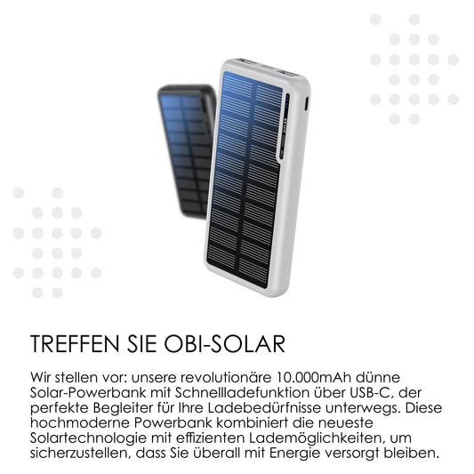 Boompods Obi Solar 10000mAh Solar Powerbank - Fast-charging charger with USB-C & 2X USB ports, Outdoor Power Bank with solar panel, Durable charging station for mobile phones, tablets and travelling, White