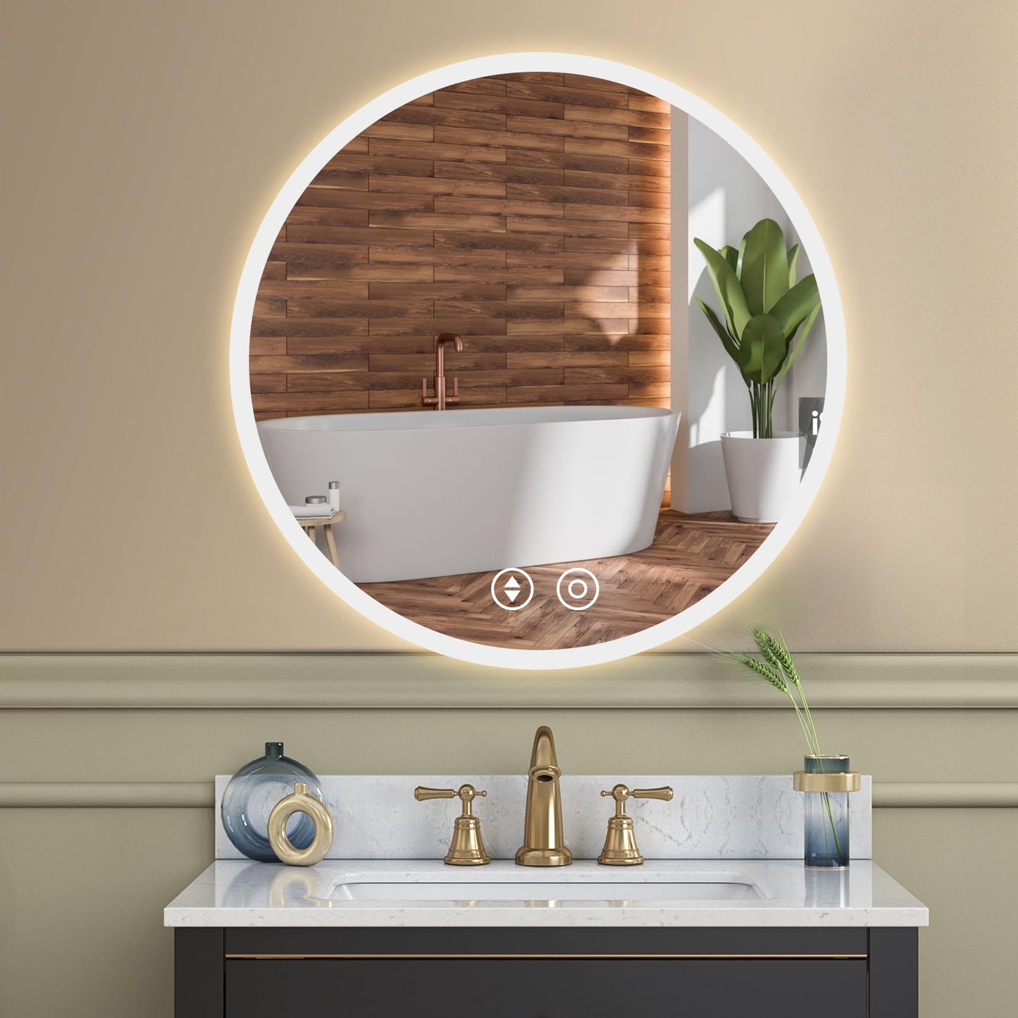 YOLEO round bathroom mirror with lighting, LED mirror with touch switch, LED fog-free bathroom mirror, 3 adjustable light colors, 50x50cm.