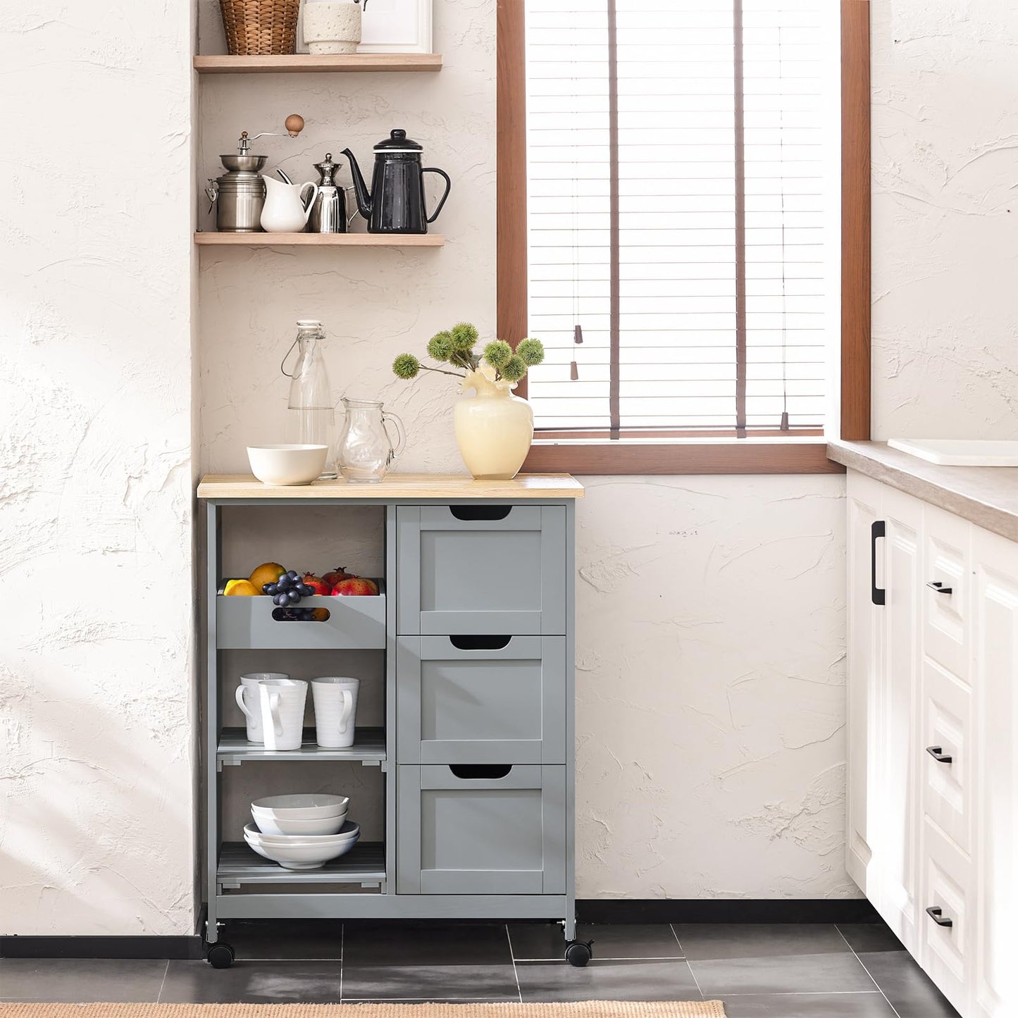 SoBuy serving trolley with wheels - kitchen trolley with 2 removable shelves and 1 tray - serving cart trolley for kitchen, living room, dining room - light grey, 68x85x38 cm, up to 50 kg, MDF, FKW79-HG.