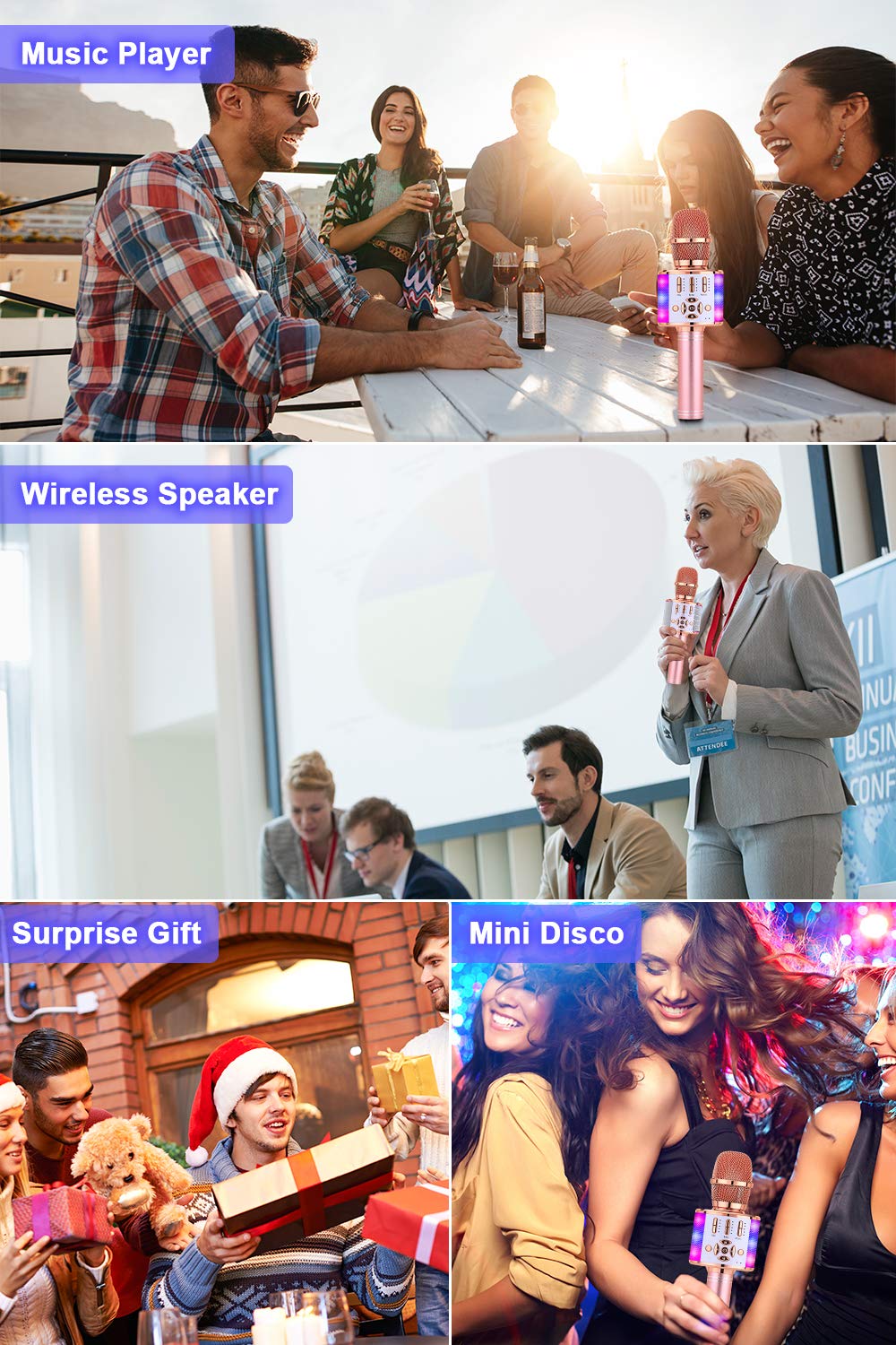 BONAOK 4 in 1 Wireless Portable Karaoke Microphone Speaker, LED, Kids, Home KTV Karaoke Device, compatible with iOS Android Bluetooth devices (Rose Gold)