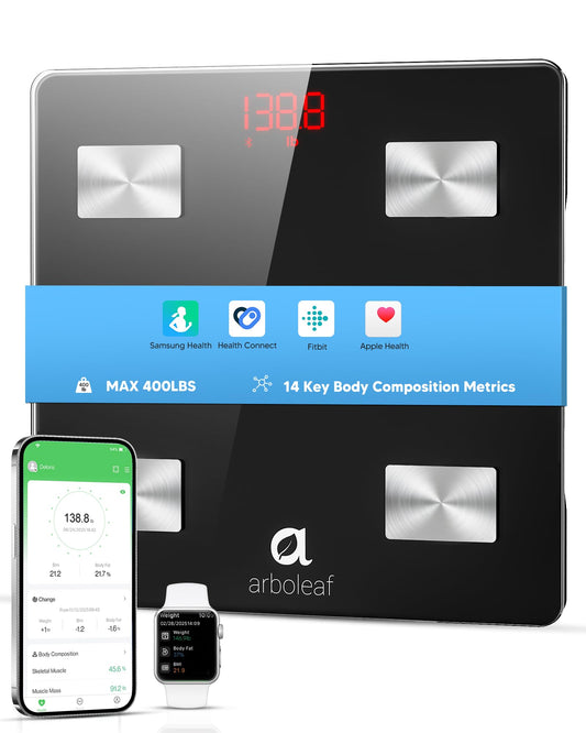 arboleaf Body Fat Scale Digital Bathroom Weight Scale with APP up to 180KG, Bluetooth Scale for Body Fat, BMI, Weight, Heart Rate, Muscle Mass, Water, Protein, Skeletal Muscle, BMR, etc.