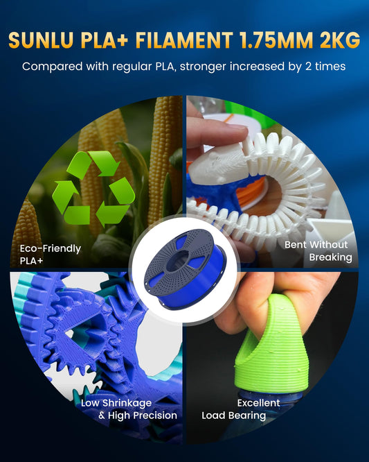 SUNLU PLA+2.0 Filament 1.75mm, Upgrade PLA Plus 3D Printer Filament, Stronger and more durable, High Speed PLA+ Filament, Precision +/-0.02mm, 1KG 3D Printing PLA+ Filament, Gray