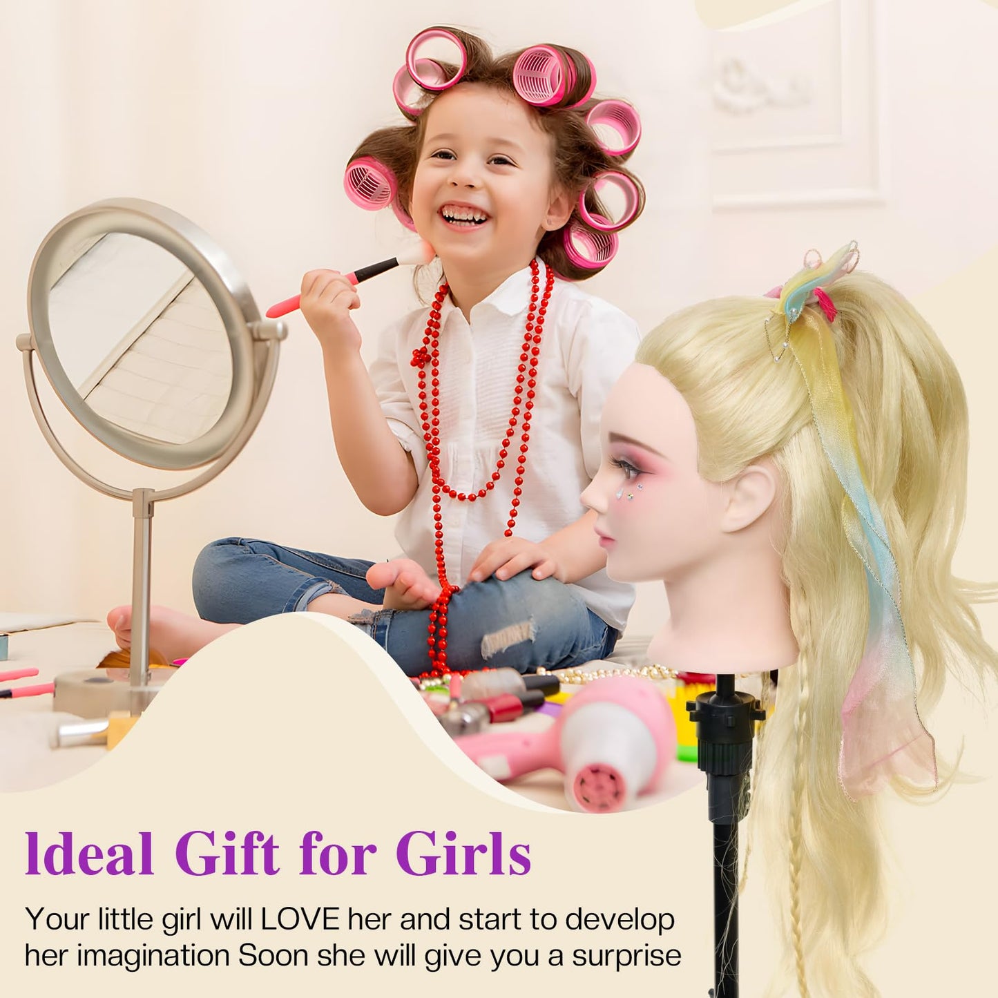 24 inch hairdressing head with 50% real hair. Ideal for practicing hair styling techniques, perfect for hairdressing students. Comes with stand and DIY hair set. Great for training hairstylists.