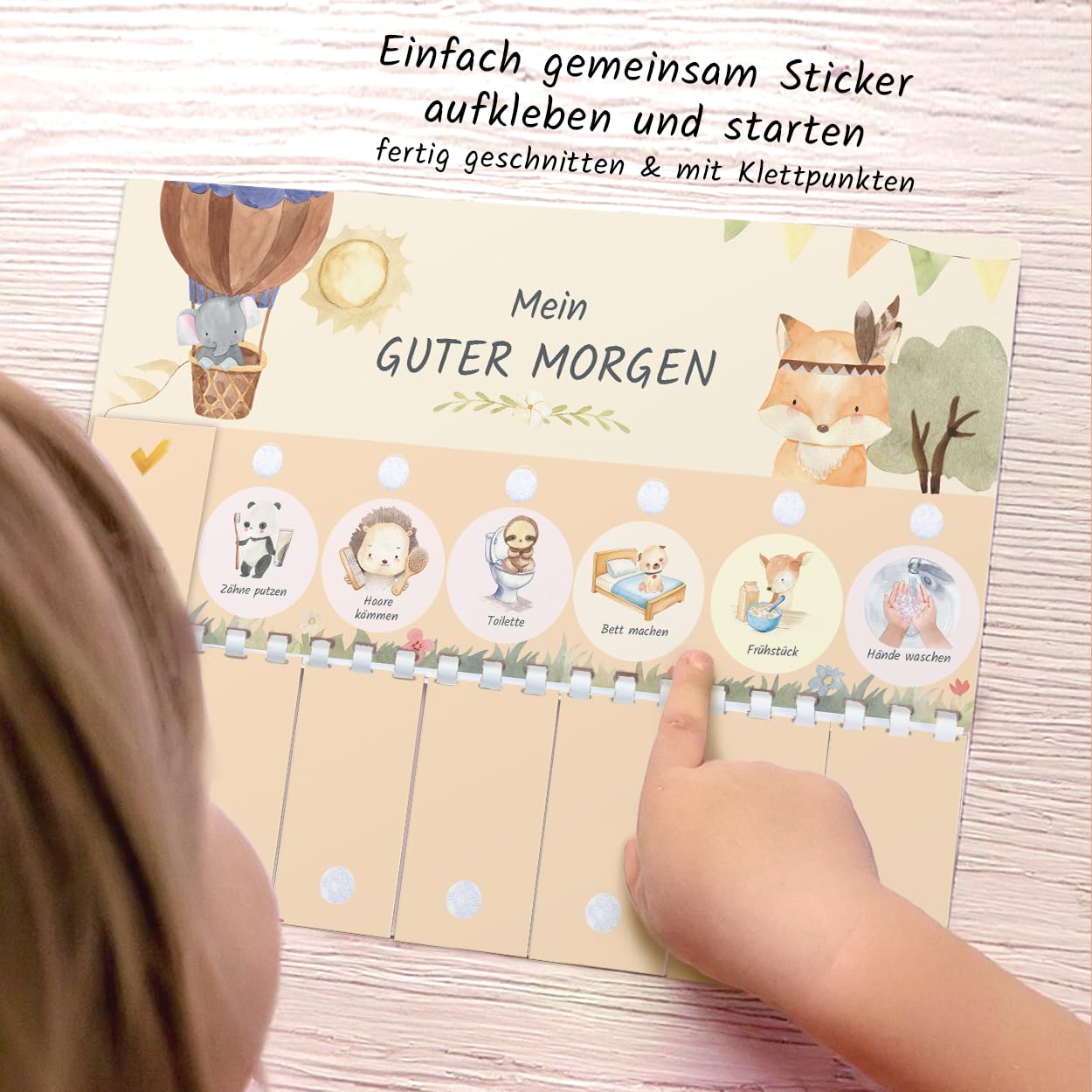 Morning and evening routines for kids - Routine planner for morning and evening: Animals (DIN A4 daily plan with flaps, Handmade in Germany) Checklist with Velcro dots to flip.