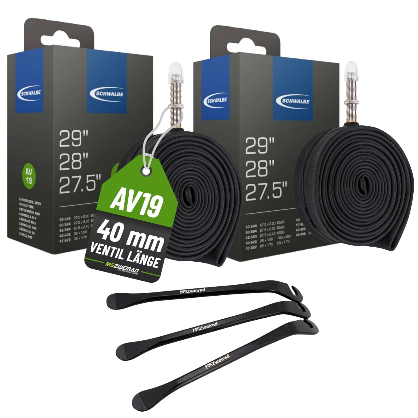 2-pack Schwalbe bicycle tube AV19 40mm for 27.5 28 29 inches (40/62-584/635) including 3 MS bike tire levers