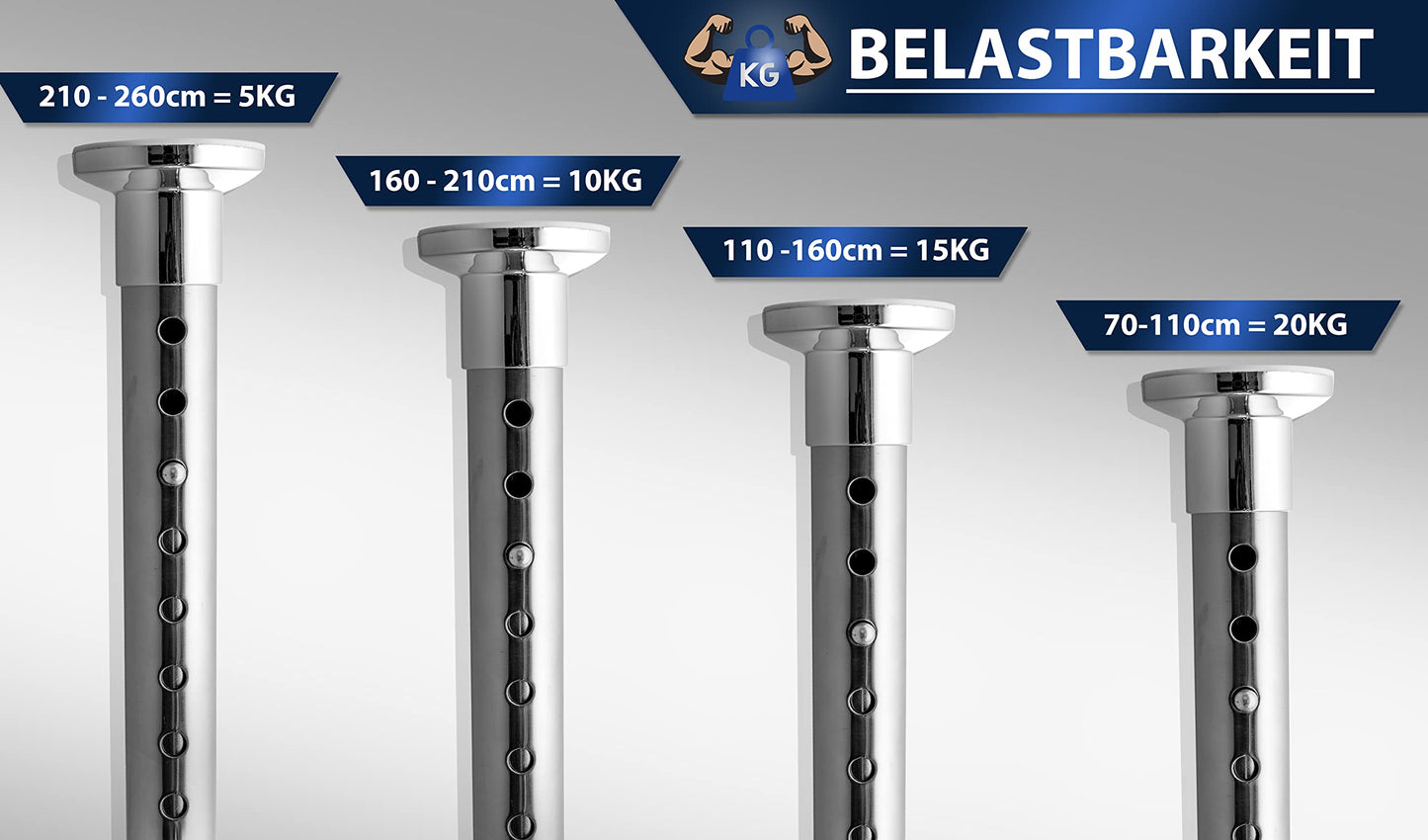 MEISENBERG Shower Curtain Rod without drilling 160-210cm, Silver, ร 25 mm, Telescopic Curtain Rod Clips - Telescopic Rod for windows, showers and partitions.